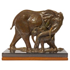 Antique Bronze Statue Elephant and Her Calf by American Sculptor Dan Ostermiller