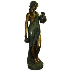 Vintage Bronze Statue Girl with Amforas Signed "P.E. Machault", 20th Century