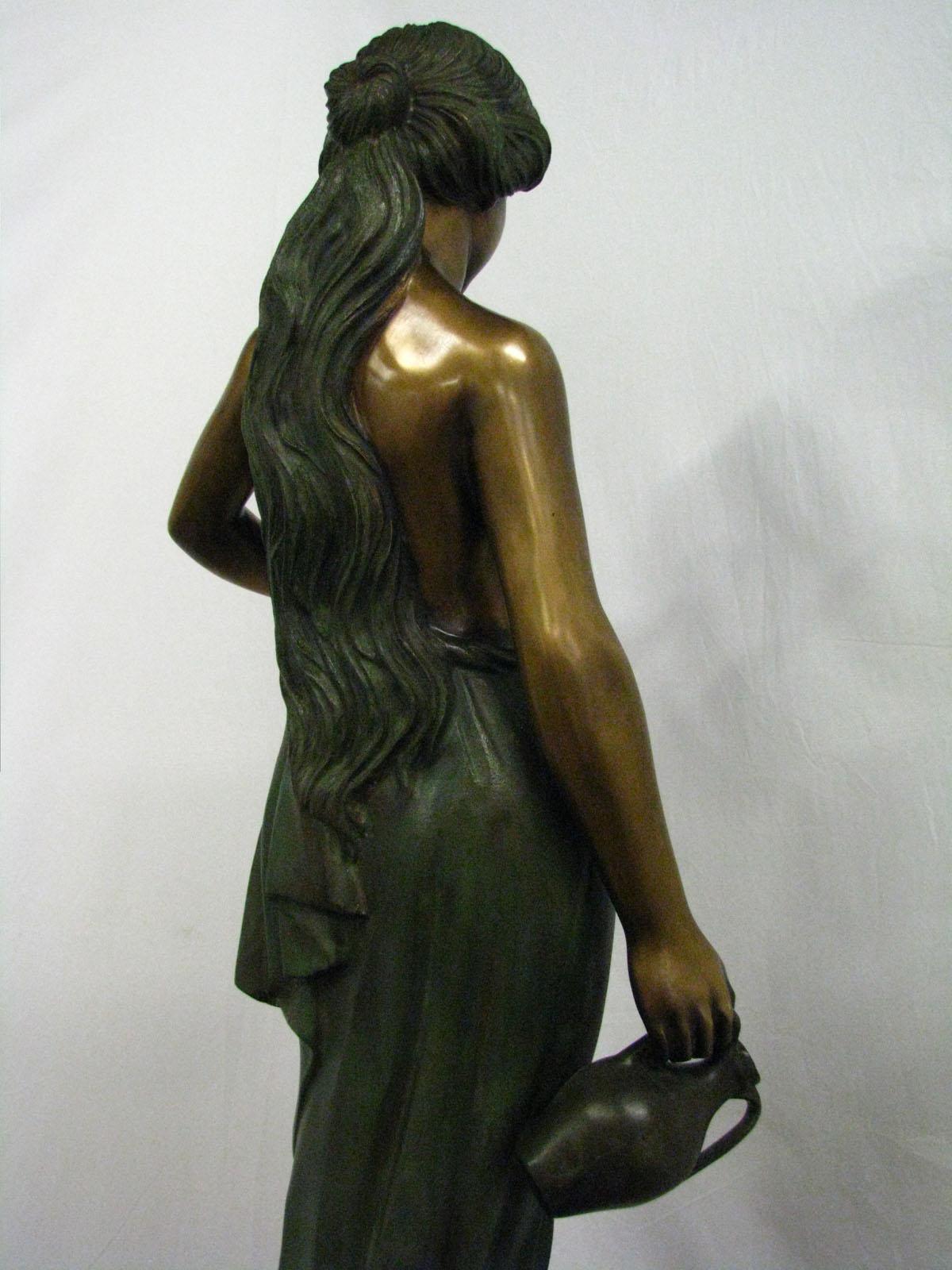Patinated Bronze Statue Girl with Amforas Signed 