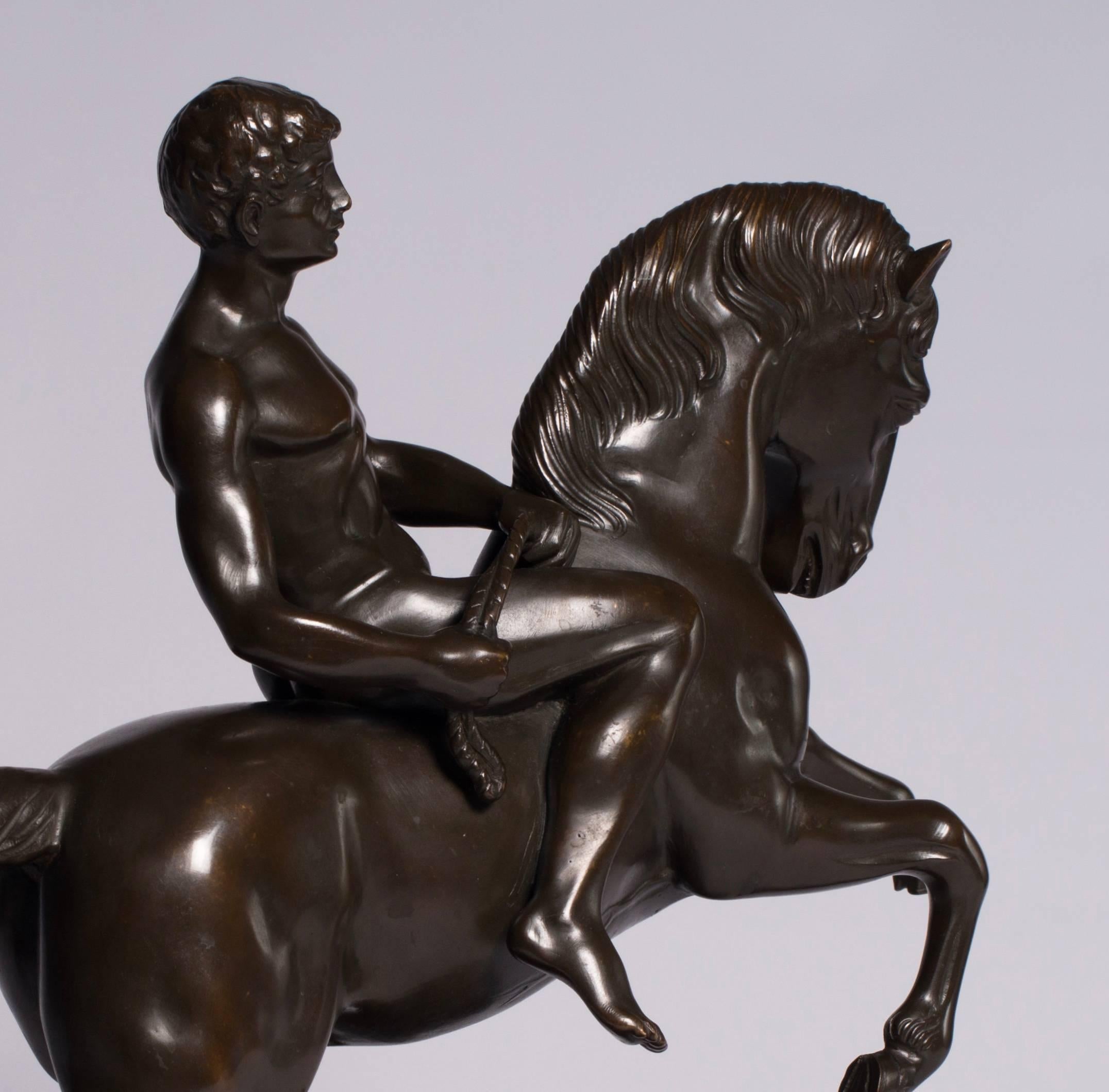 Bronze Statue Horse with Athlete Marble Base In Excellent Condition For Sale In EL Waalre, NL