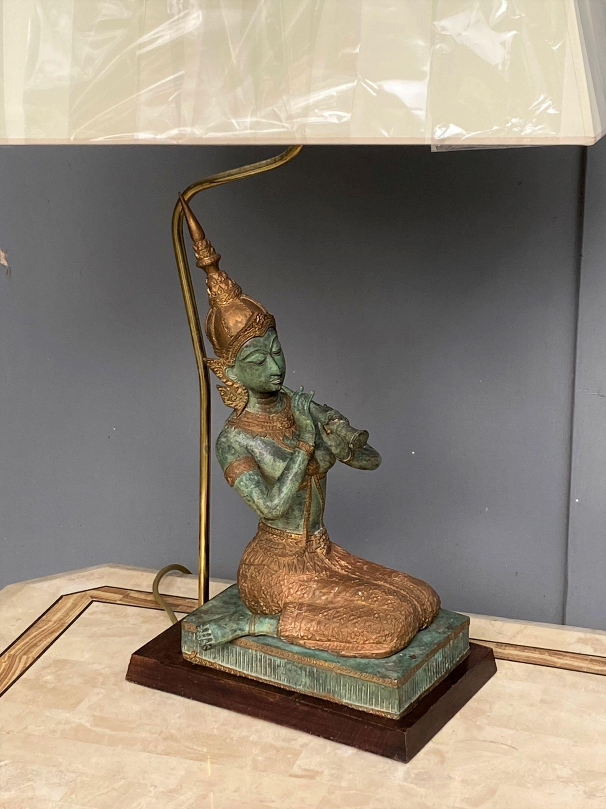 Mid-Century Modern Bronze Statue Lamp Featuring Kneeling Playing Musical Instrument, 1960