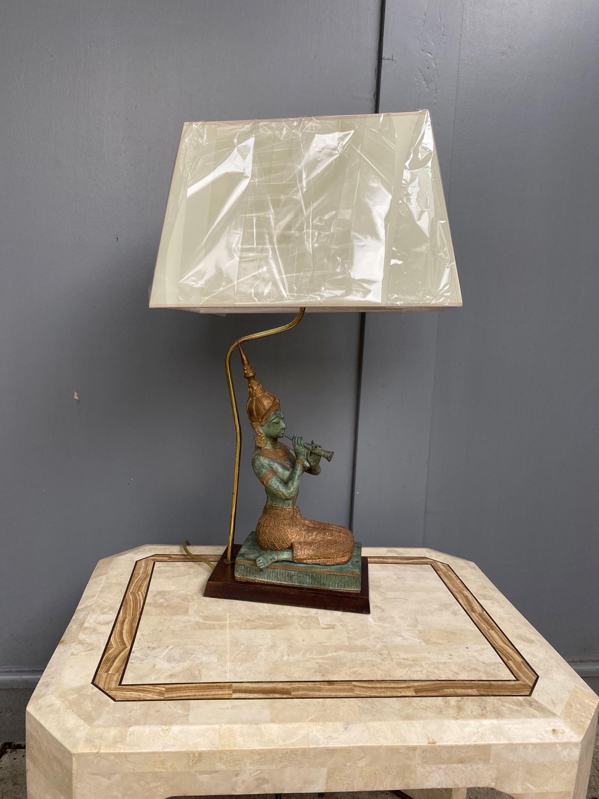 Thai Bronze Statue Lamp Featuring Kneeling Playing Musical Instrument, 1960