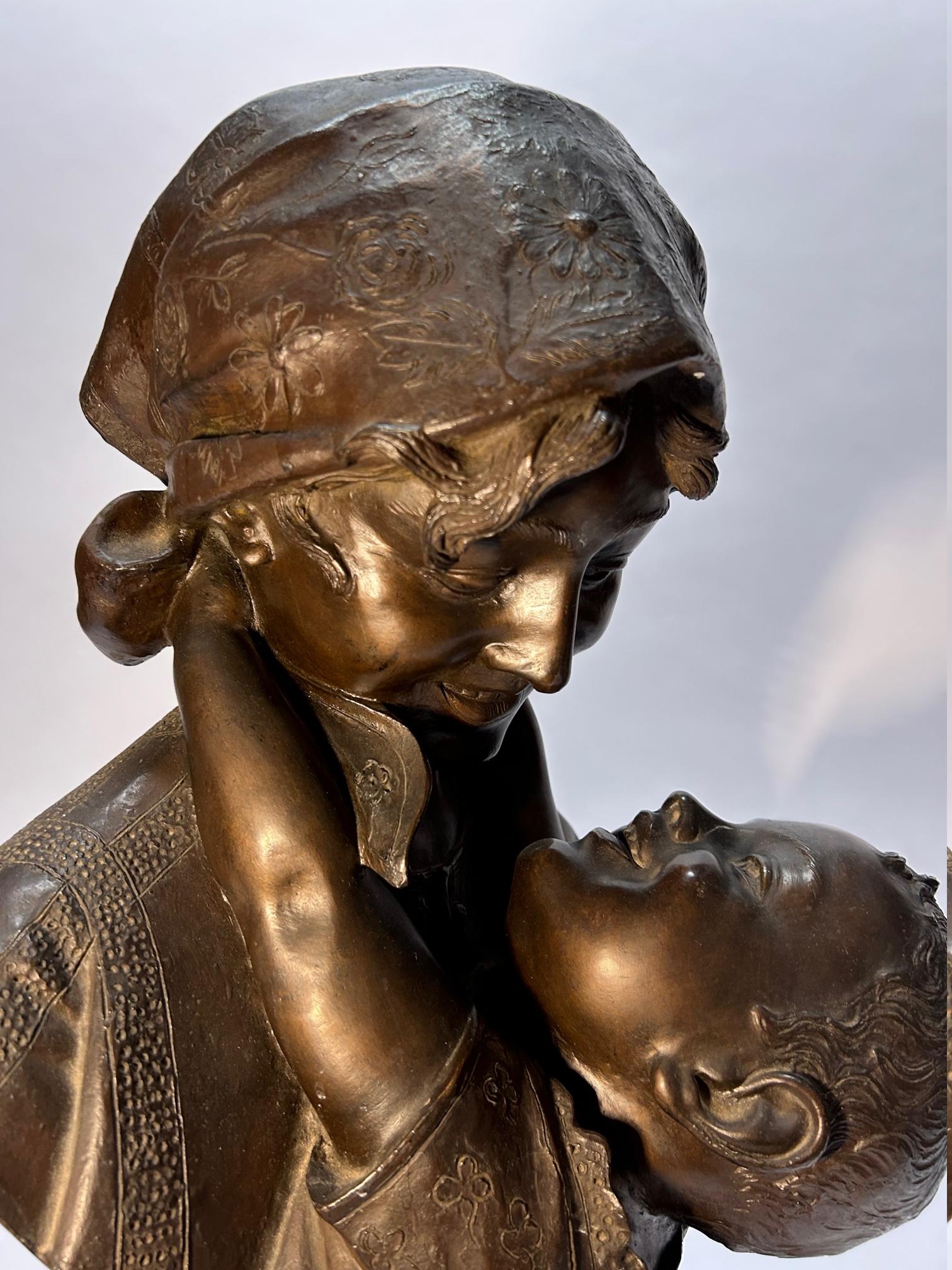 French Bronze Statue Mother and Child Signed By Auguste Moreau  For Sale
