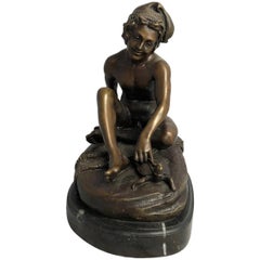 Bronze Statue Nude Man and a Turtle on Marble Base, 20th Century