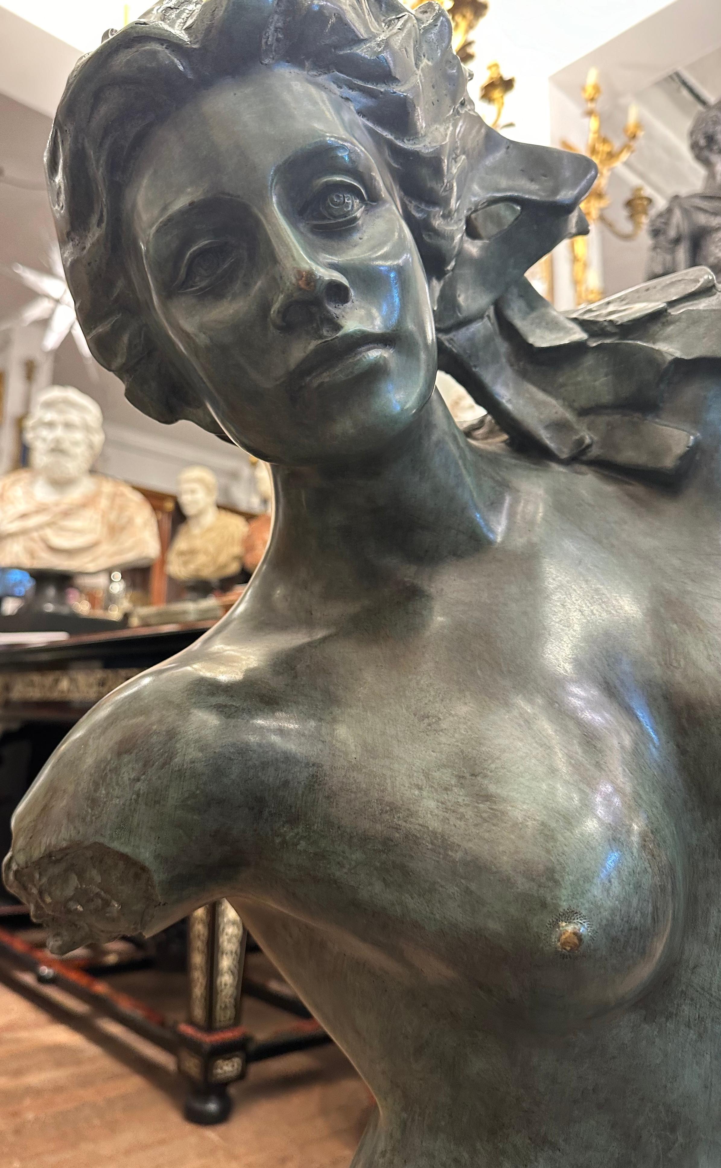 European Bronze Statue Of A Female on Black Marble Base. For Sale