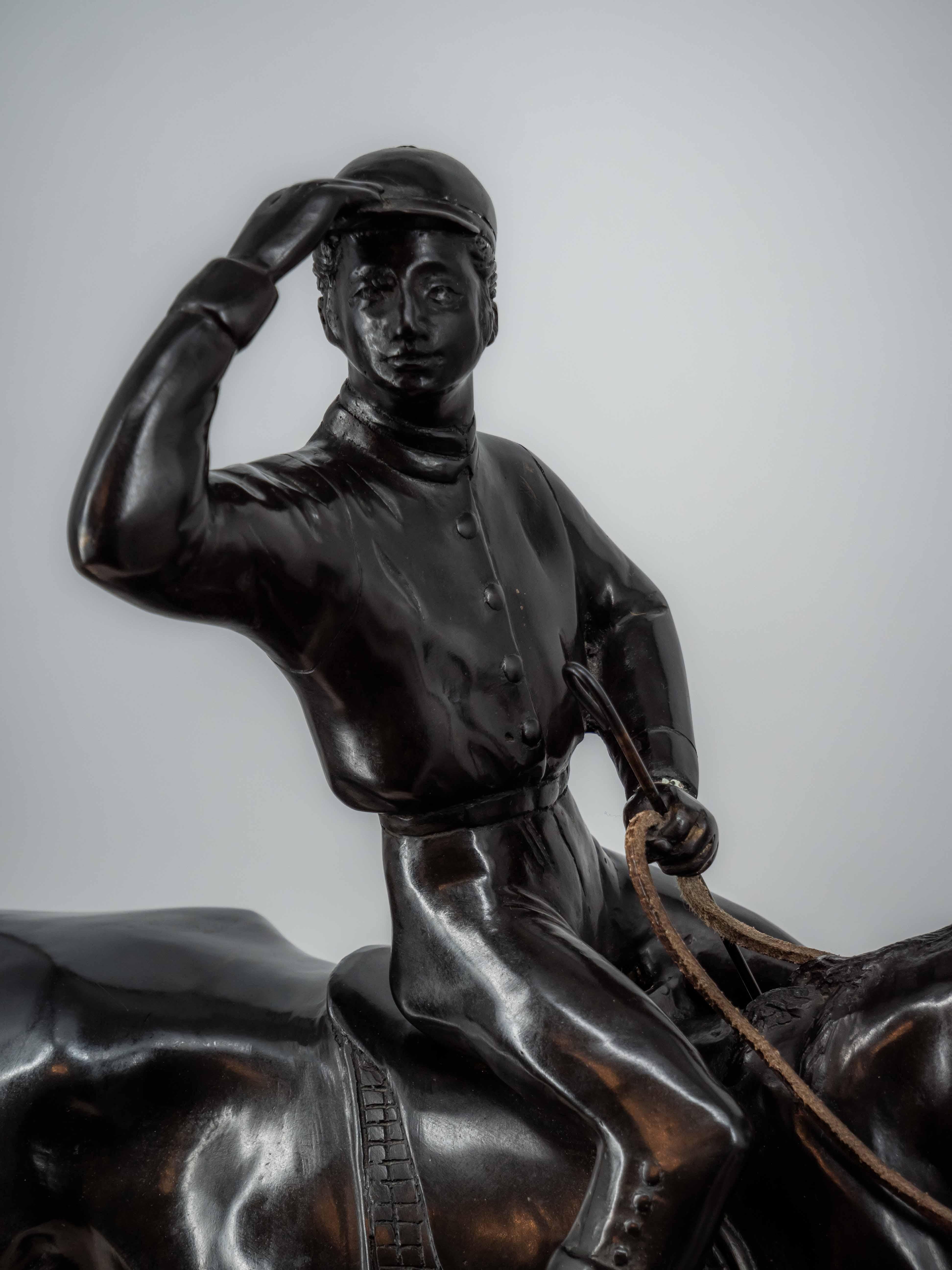 Bronze statue of a jockey on a horse sign Valton In Good Condition For Sale In STRAČOV, CZ
