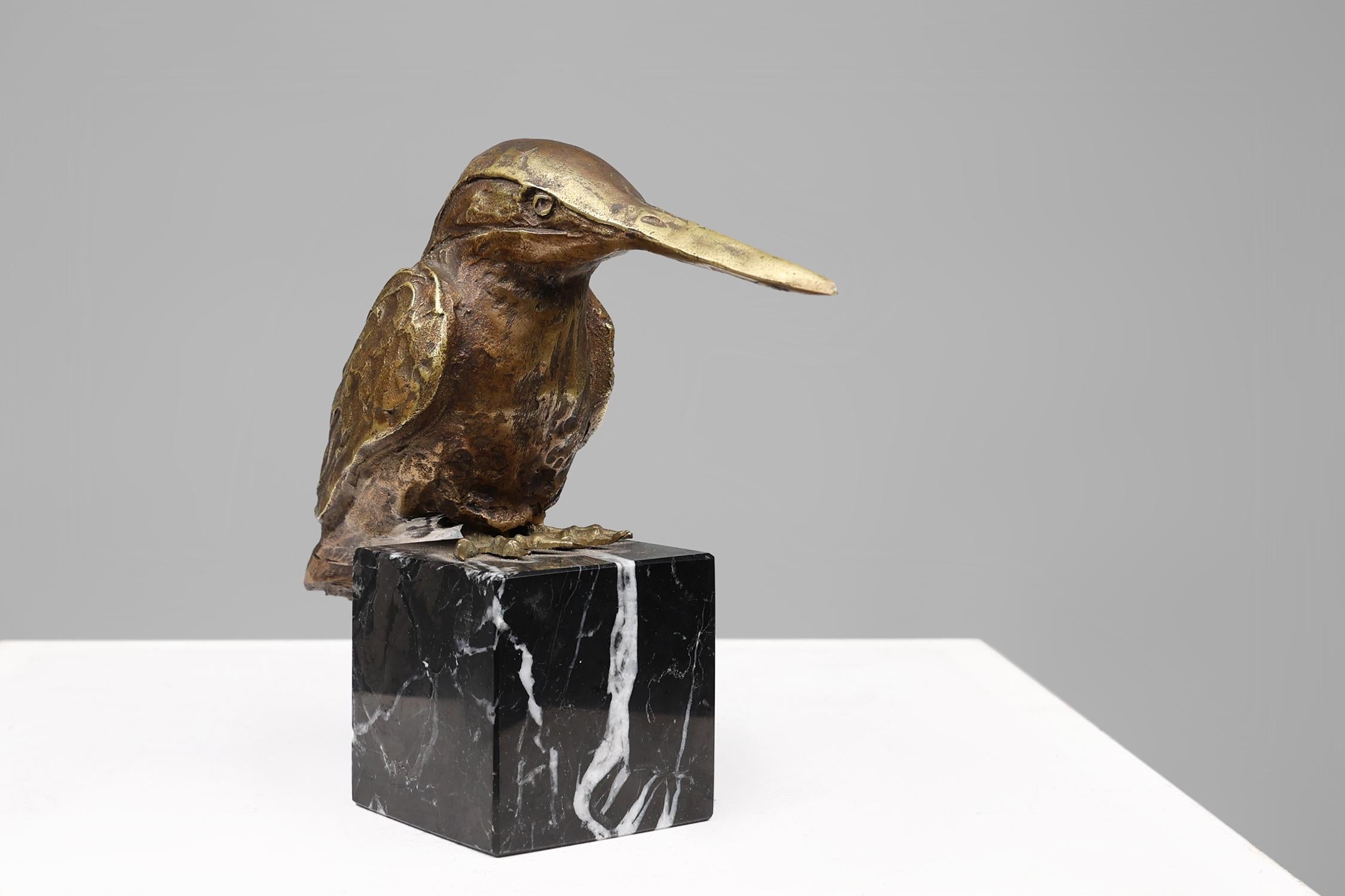 Bronze statue of a kingfisher bird on a black marble base, Belgium 1960s 3