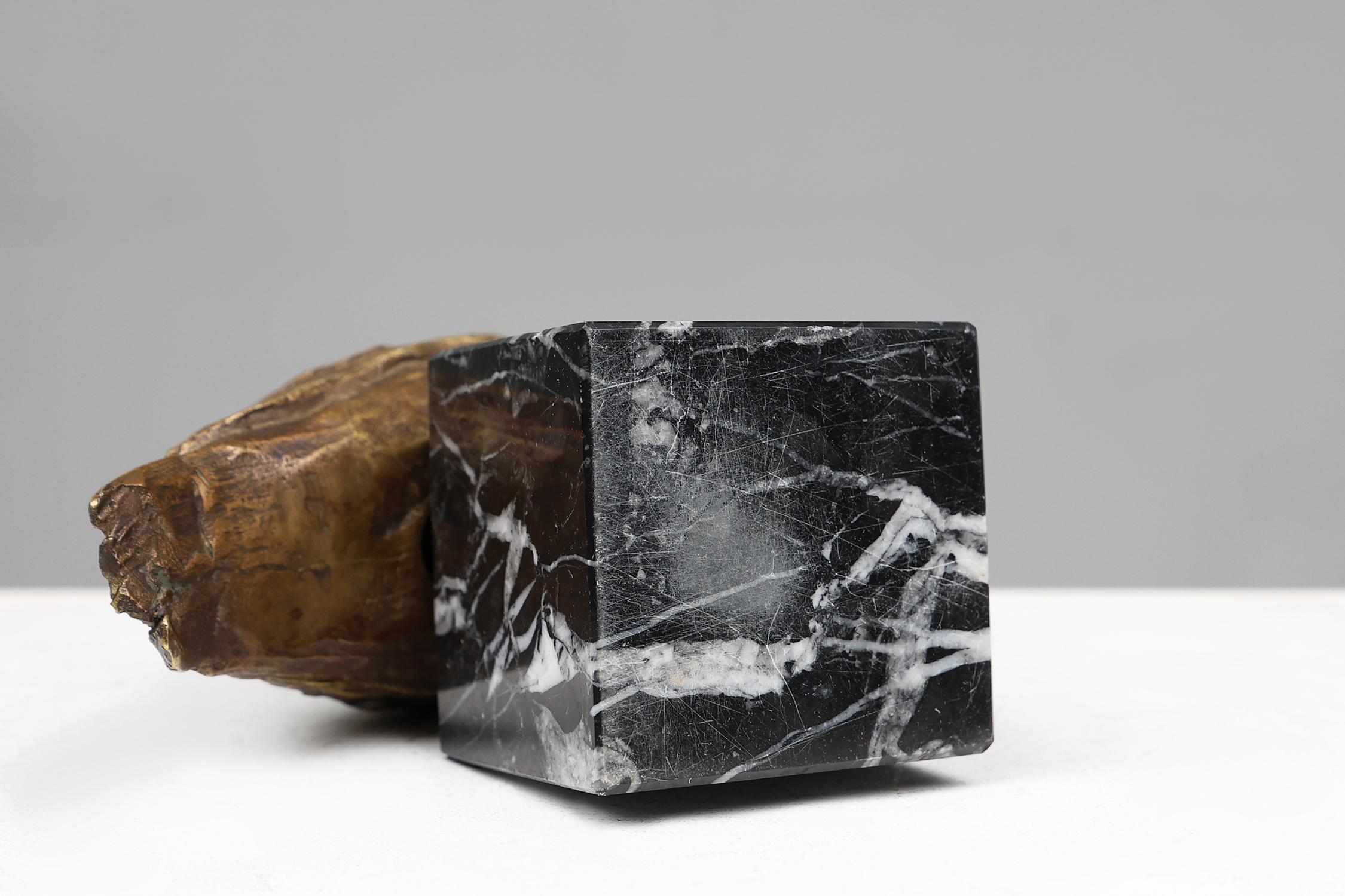 Bronze statue of a kingfisher bird on a black marble base, Belgium 1960s 4