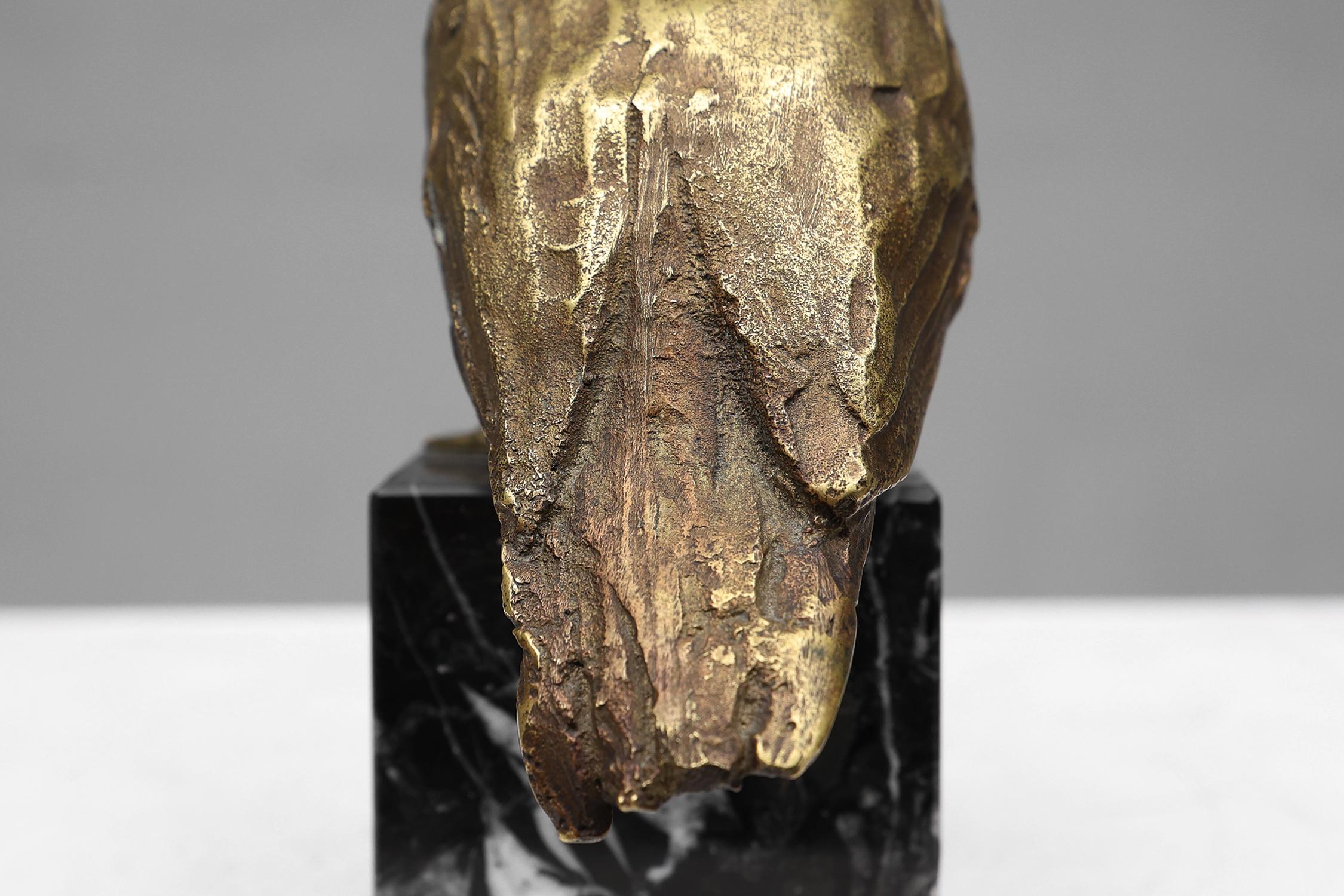 Bronze statue of a kingfisher bird on a black marble base, Belgium 1960s 1