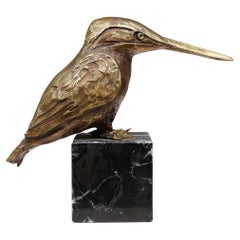 Bronze statue of a kingfisher bird on a black marble base, Belgium 1960s