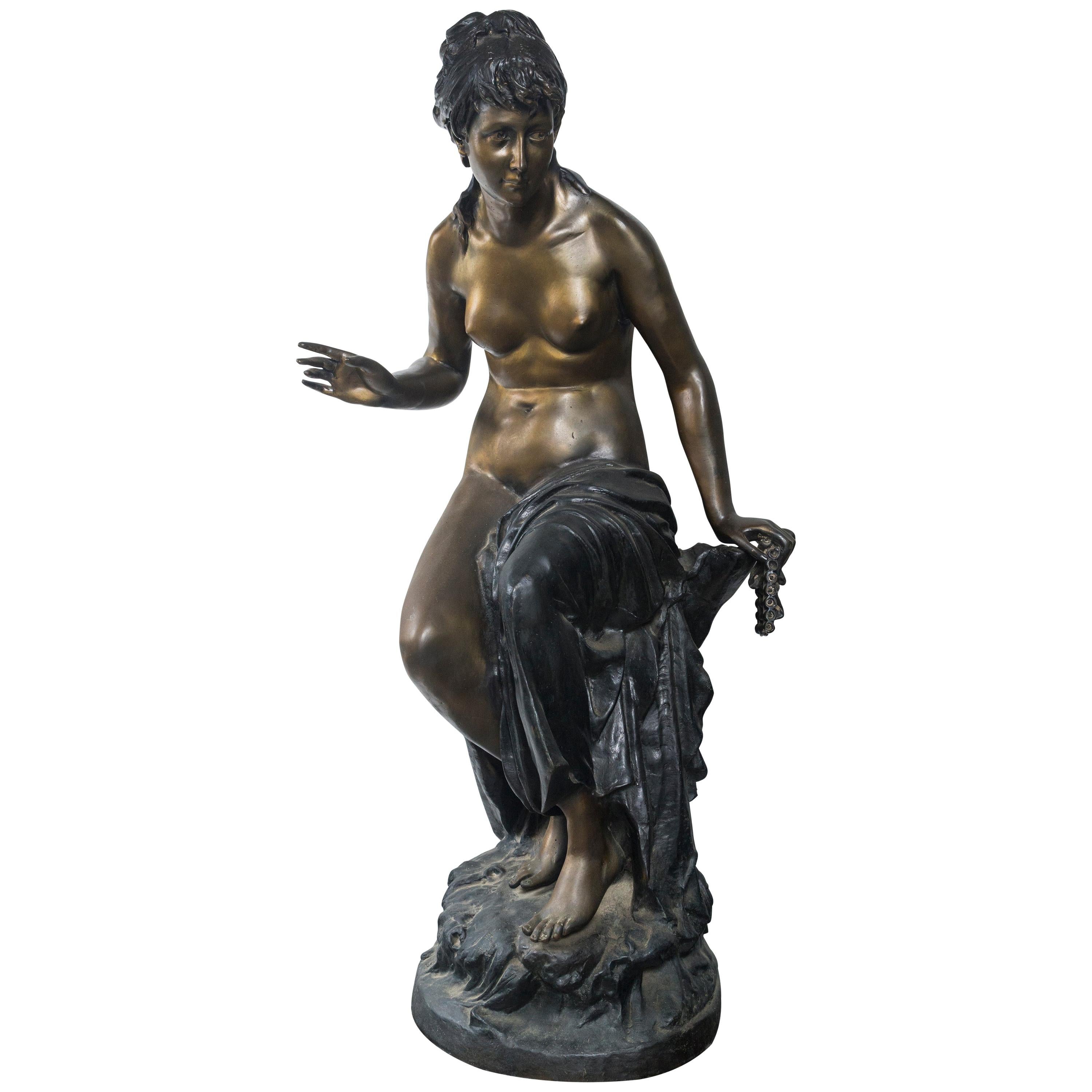 Bronze Statue of a Lady Holding Pan's Pipes For Sale