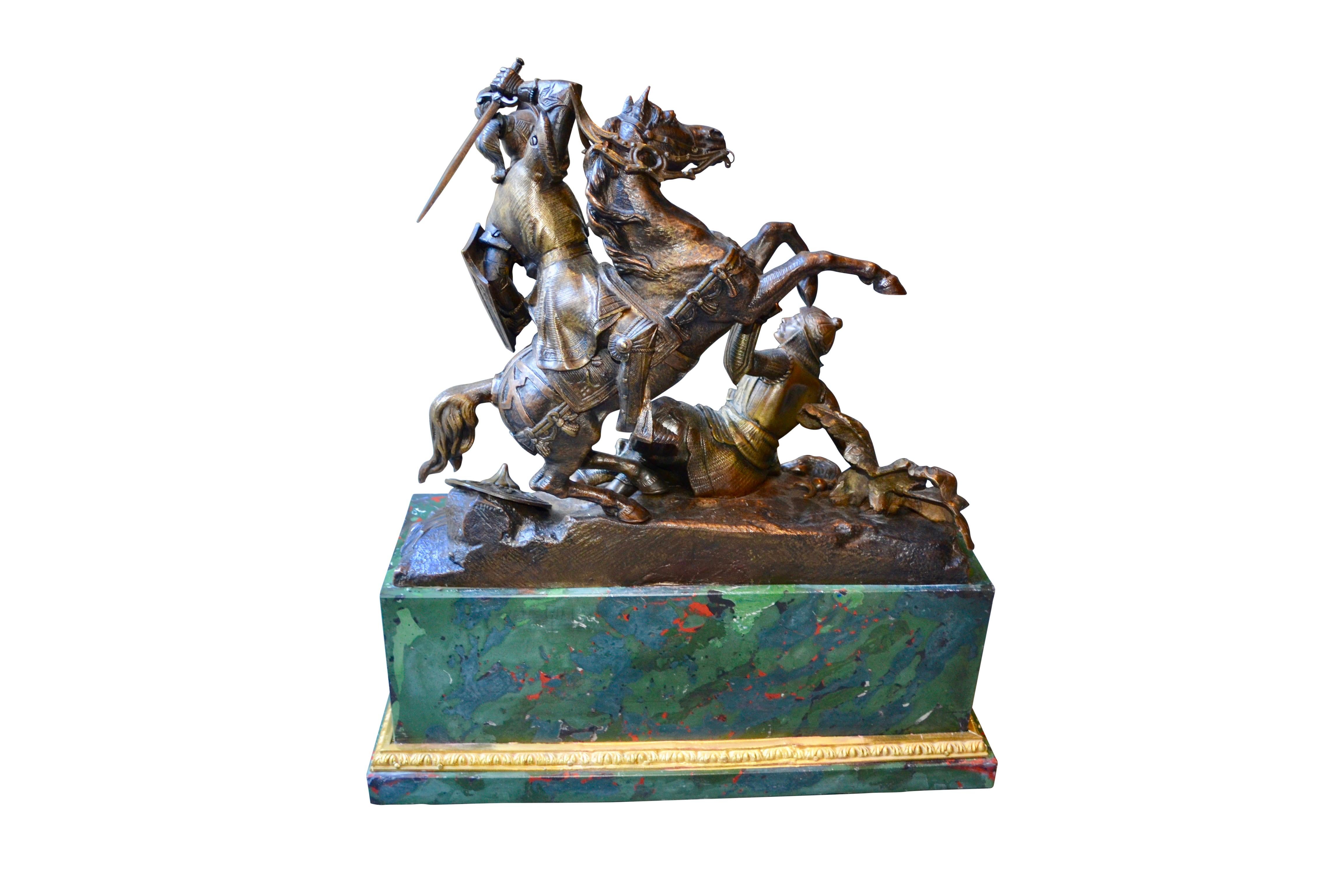 Sculpté à la main Statue en bronze d'un rameur monté en combat avec un Saracen d'après T. Gechter en vente