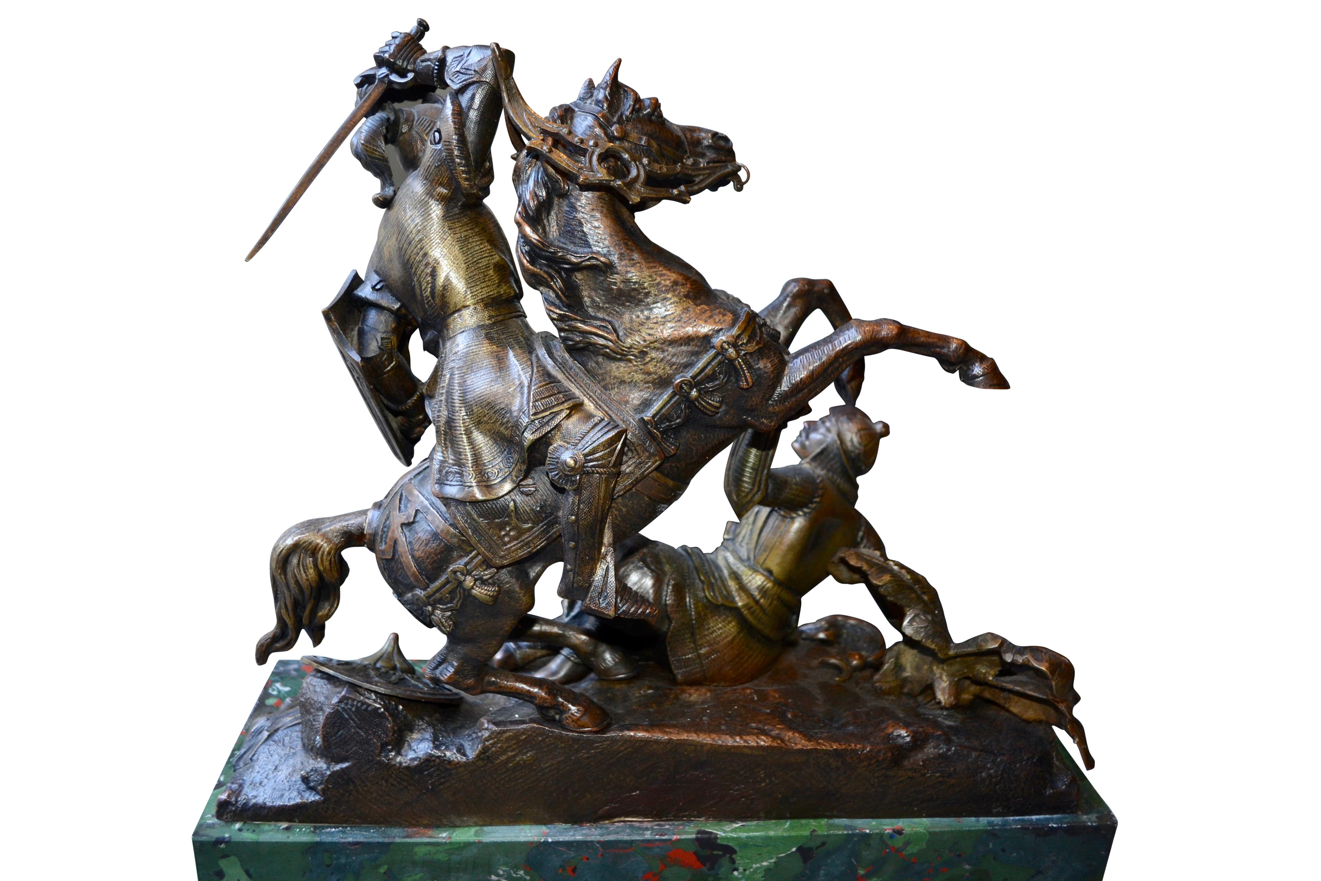 Hand-Carved Bronze Statue of a Mounted Crusader in Combat with a Saracen After T. Gechter For Sale
