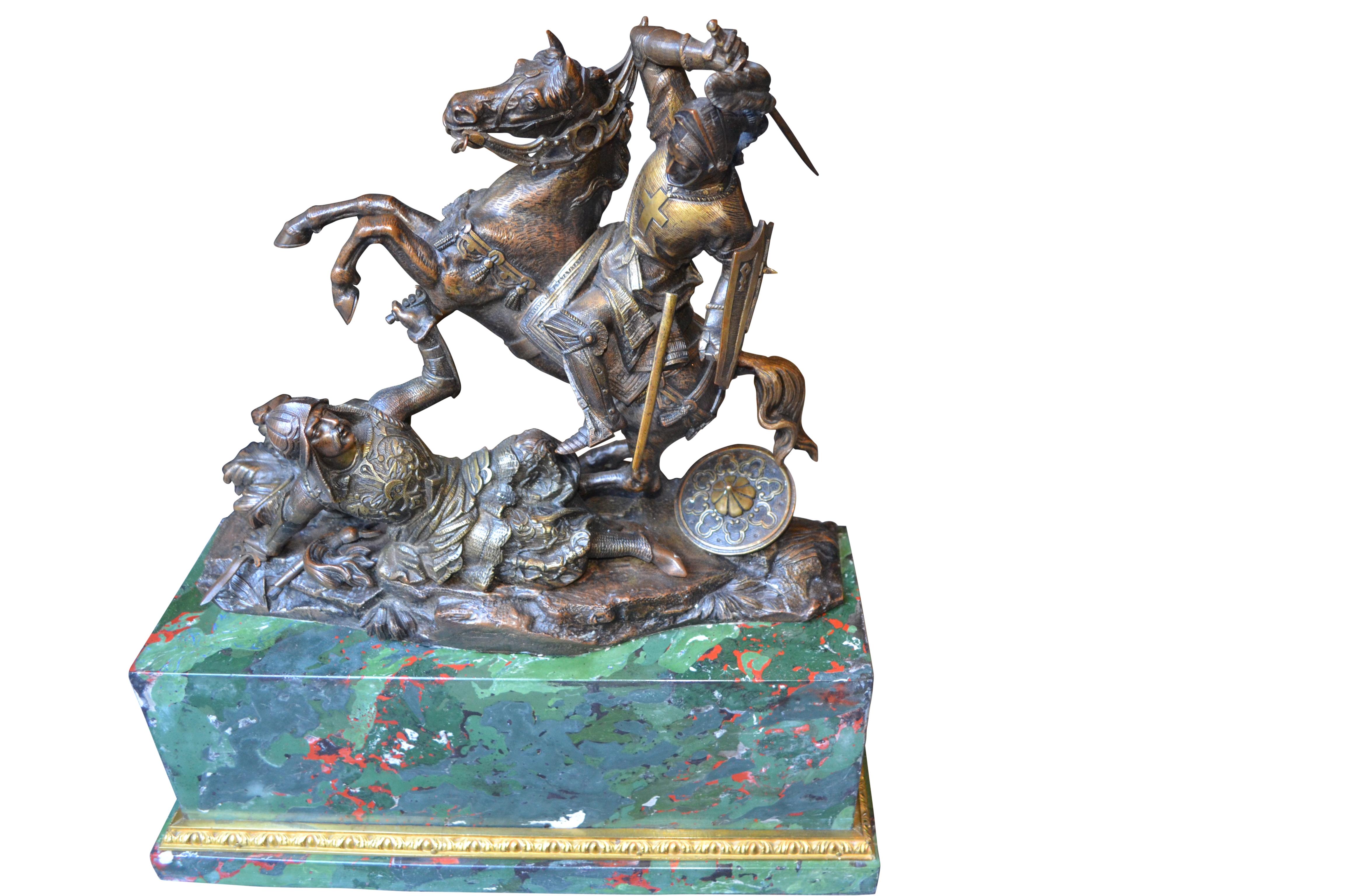 Bronze Statue of a Mounted Crusader in Combat with a Saracen After T. Gechter In Good Condition For Sale In Vancouver, British Columbia