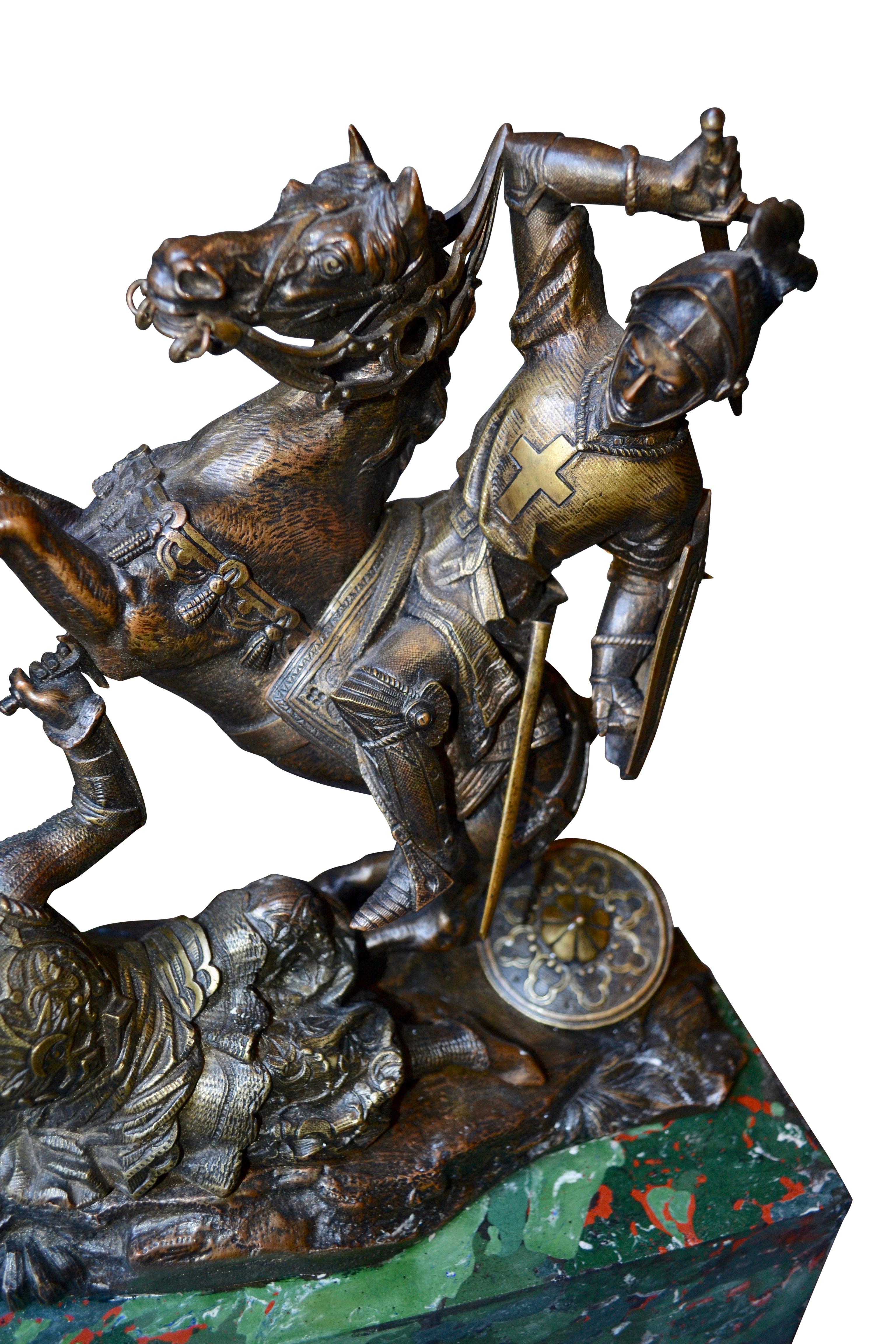 19th Century Bronze Statue of a Mounted Crusader in Combat with a Saracen After T. Gechter For Sale