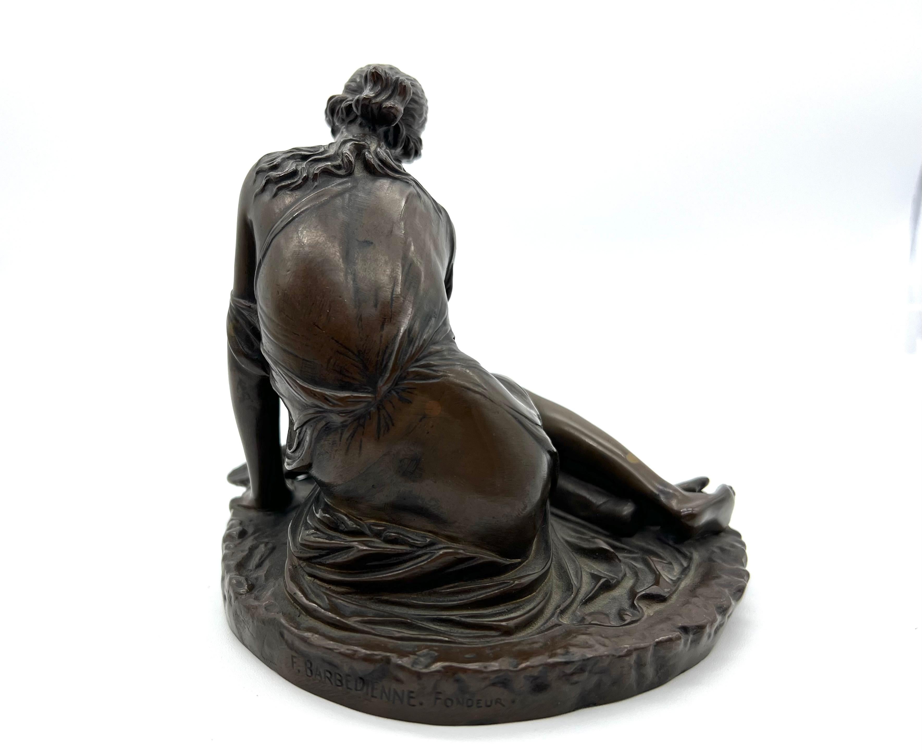 French Bronze statue of a nymph with Borghese shell with founder signature Barbedienne  For Sale