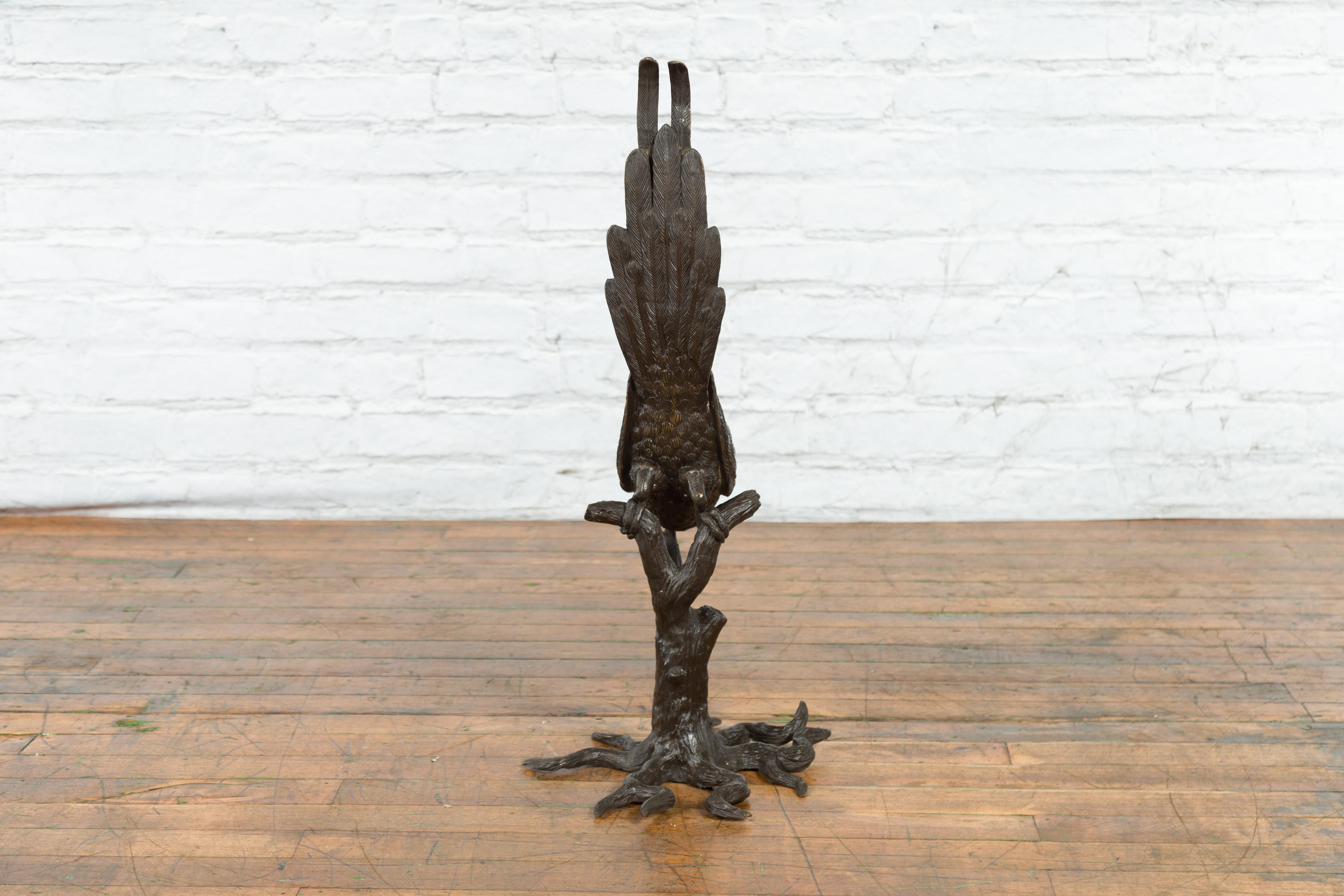 Bronze Statue of a Parrot Perched on a Branch and Leaning Down, with Dark Patina For Sale 6