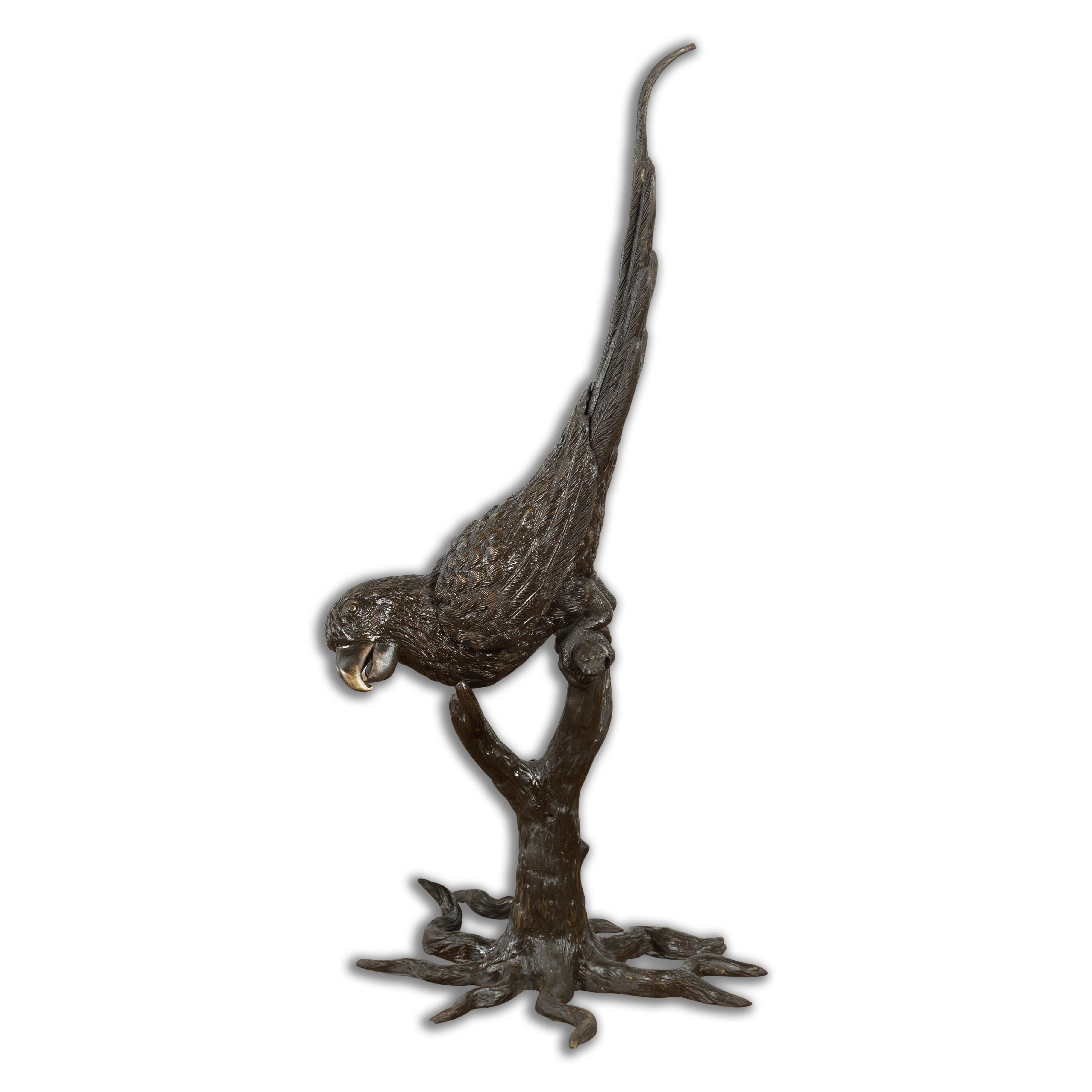Bronze Statue of a Parrot Perched on a Branch and Leaning Down, with Dark Patina For Sale 8