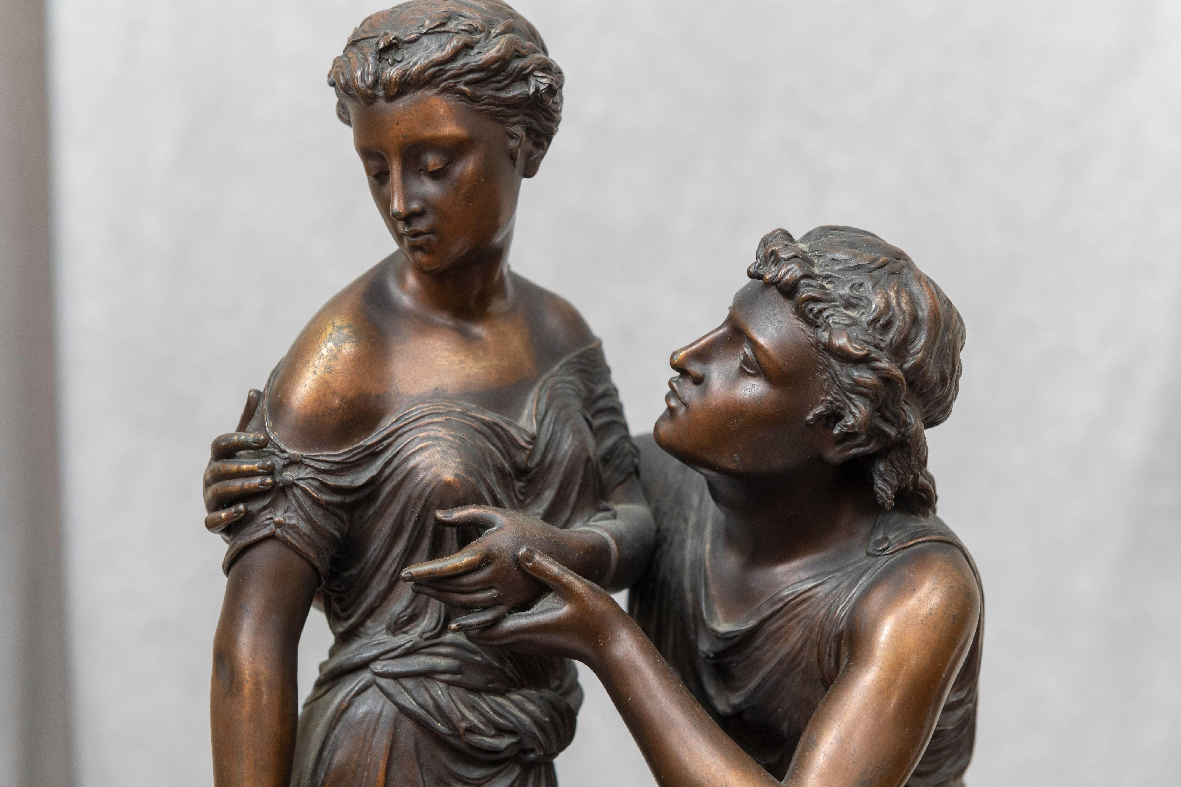 This wonderful allegorical tale is being told in bronze by the noted French sculptor Jean-Louis Gregoire, 1840-1890. The man kneeling down is apparently not making much headway in convincing the shy maiden that he is the choice for her affections.