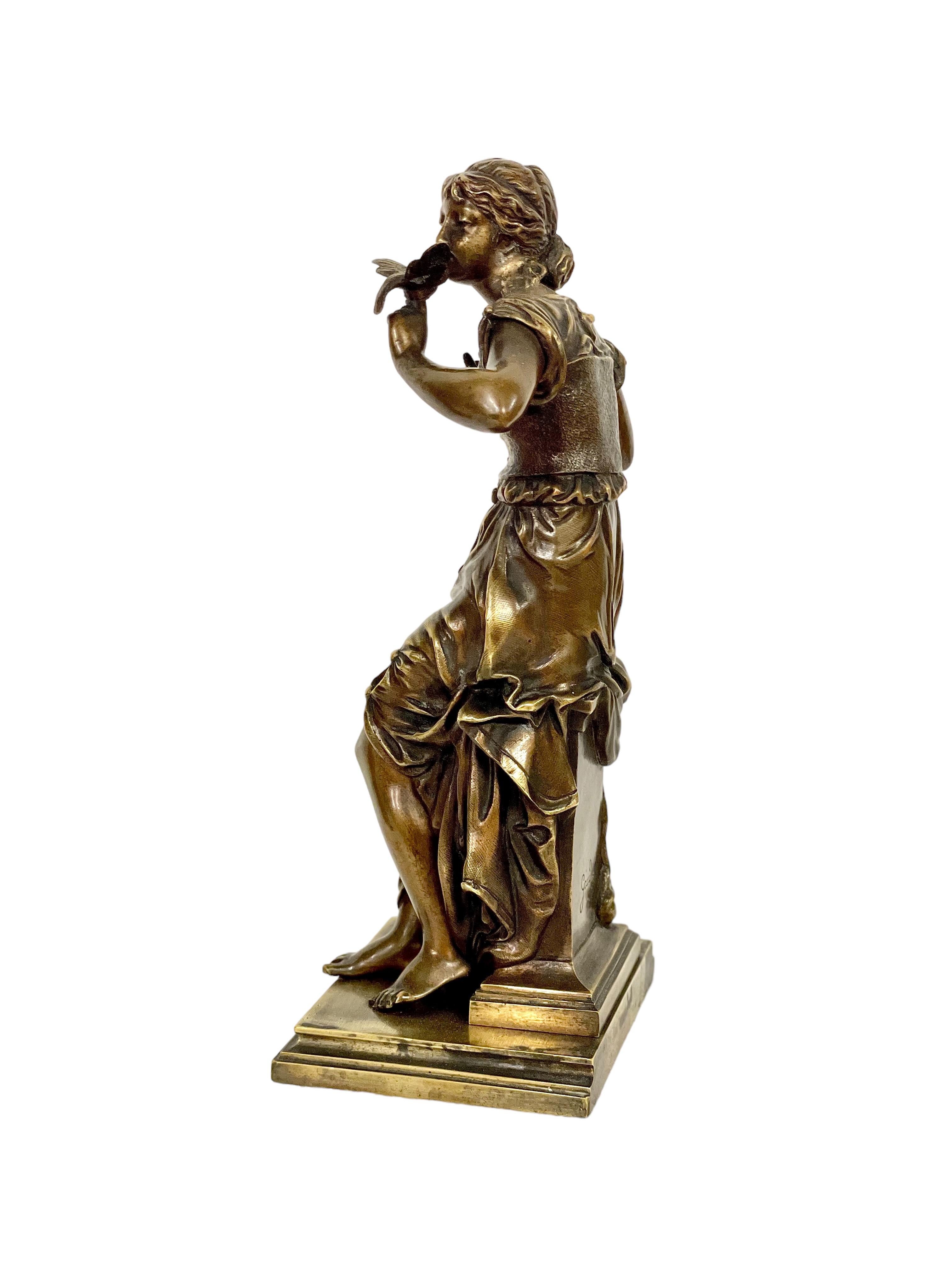 19th C. French Bronze Statue of a Young Woman with a Bird, by A.E. Gaudez For Sale 1