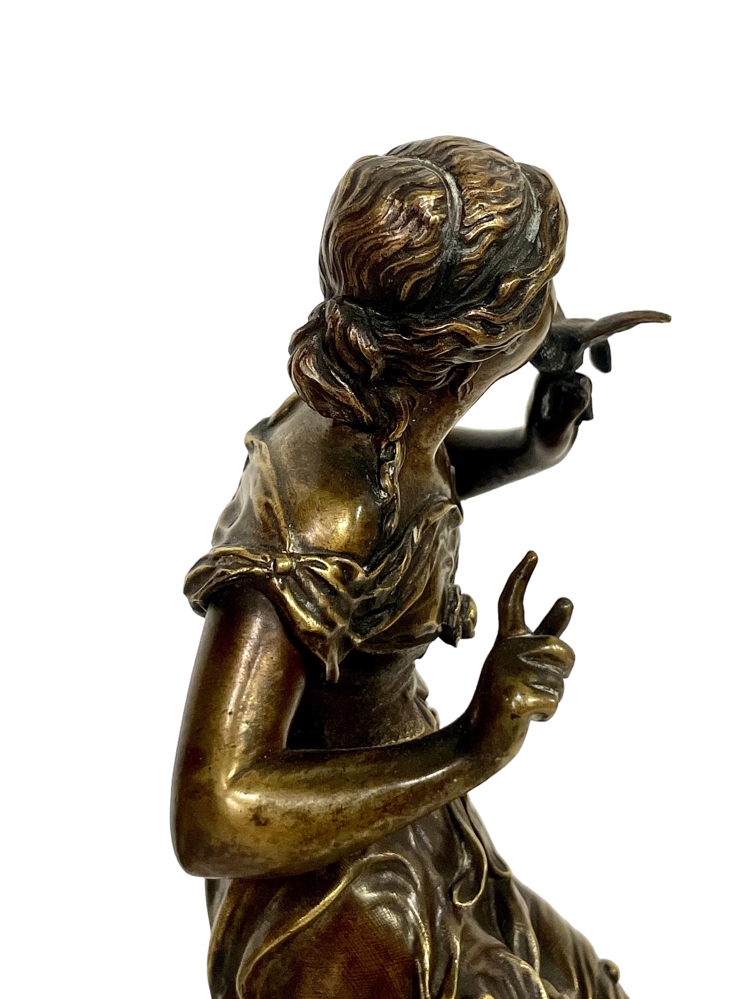19th C. French Bronze Statue of a Young Woman with a Bird, by A.E. Gaudez For Sale 2