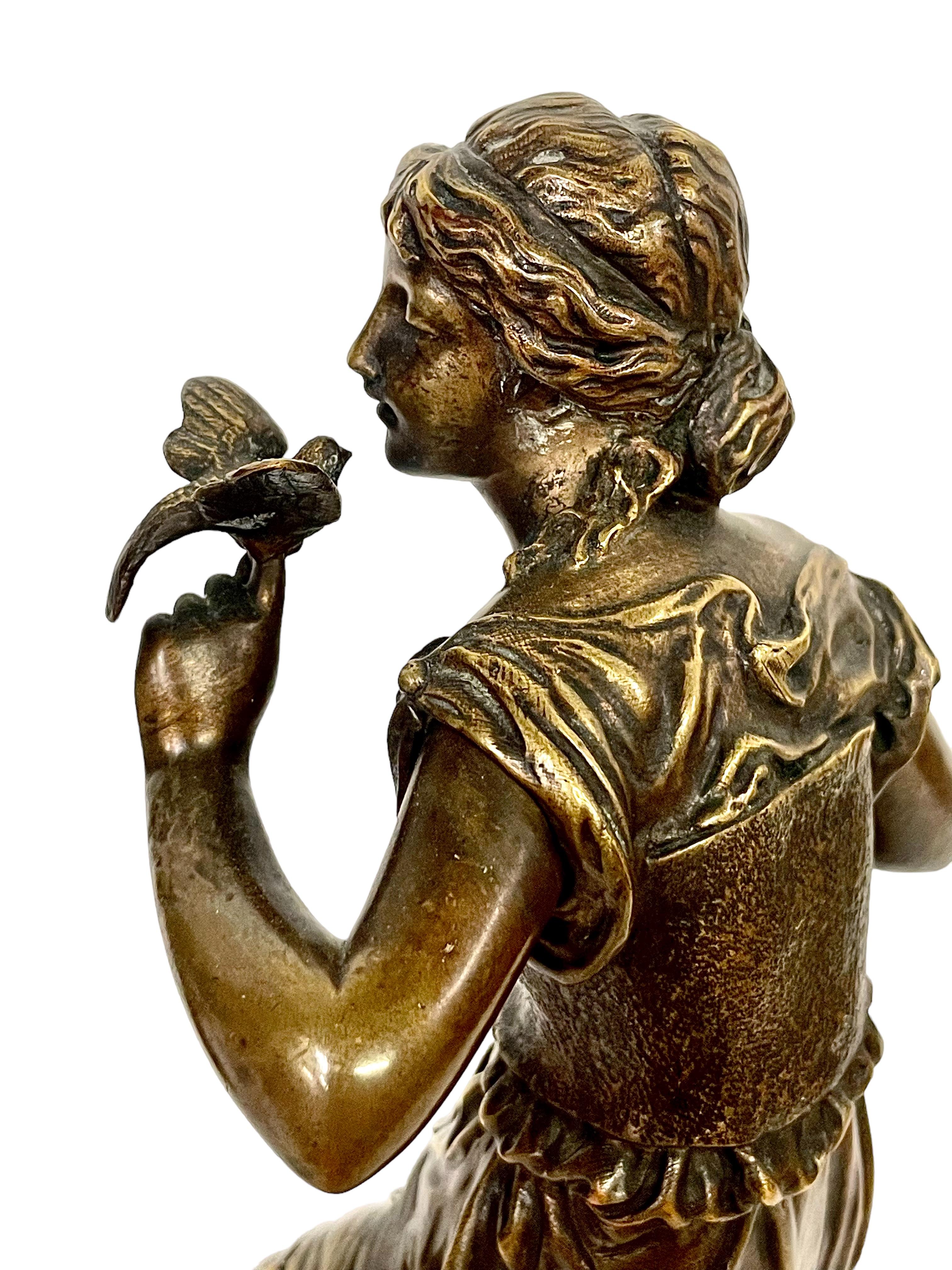 19th C. French Bronze Statue of a Young Woman with a Bird, by A.E. Gaudez For Sale 3