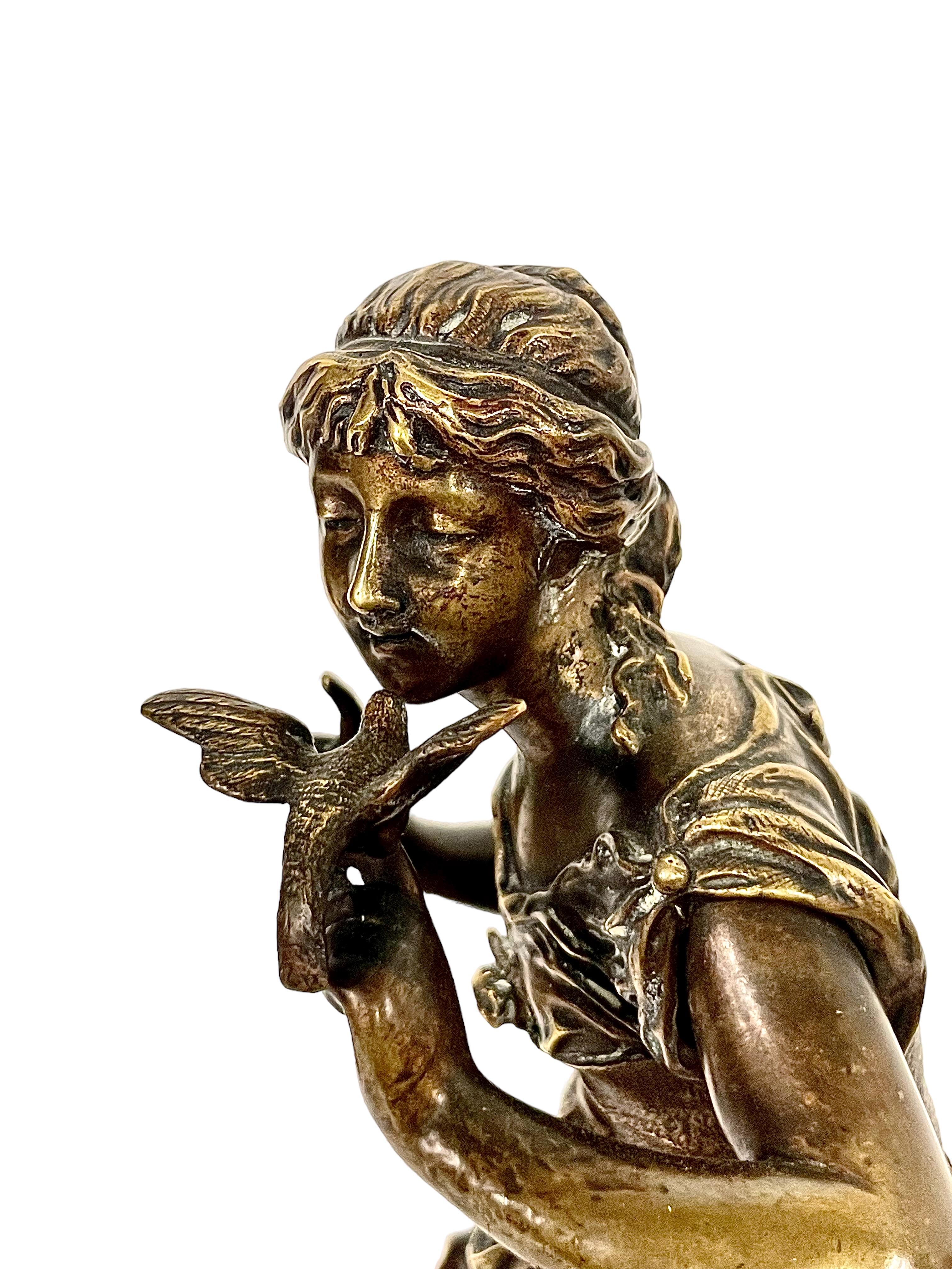 19th C. French Bronze Statue of a Young Woman with a Bird, by A.E. Gaudez For Sale 4
