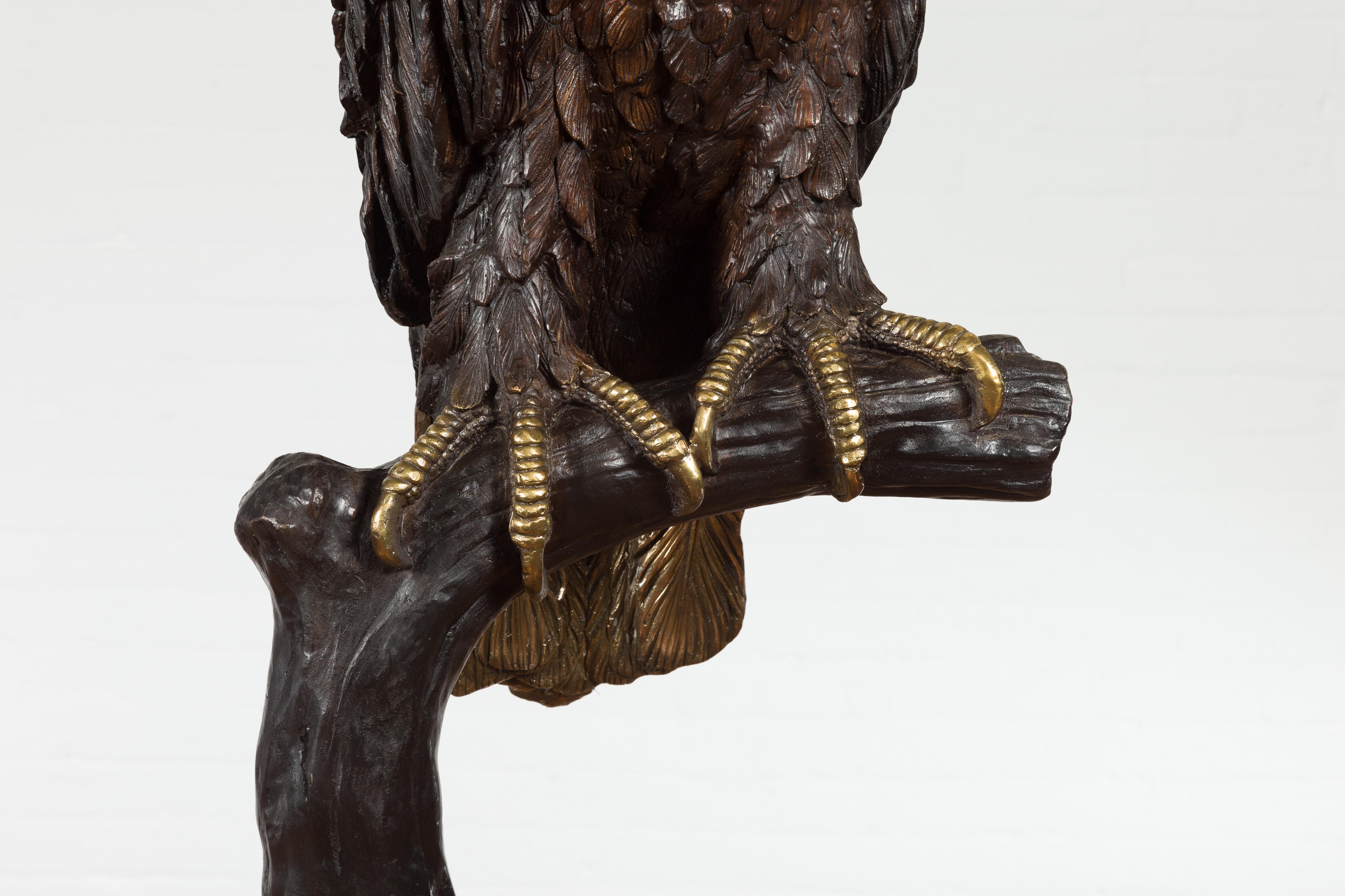 Bronze Statue of an Eagle Perched on a Branch with Gold and Silver Highlights For Sale 6