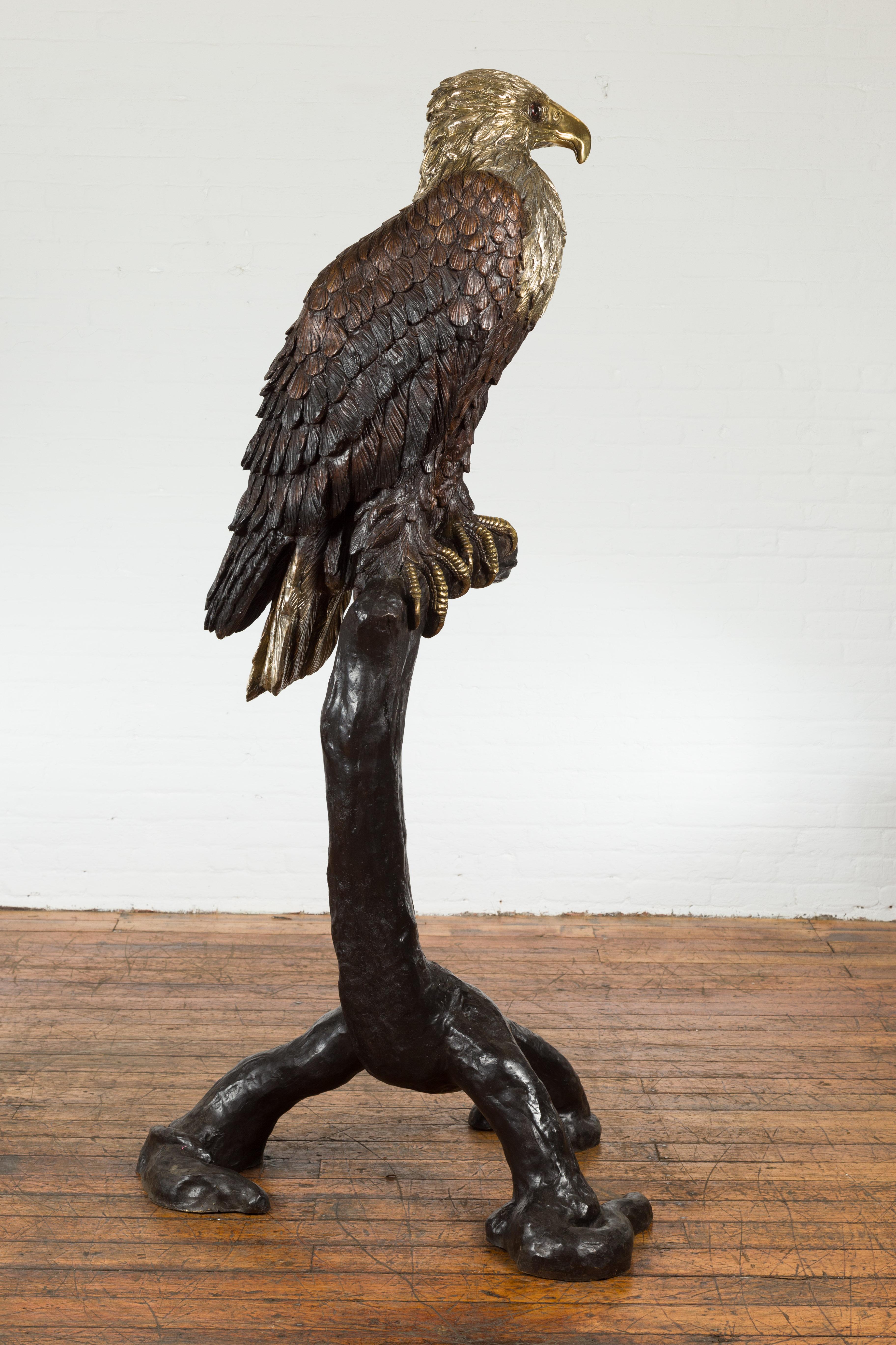Bronze Statue of an Eagle Perched on a Branch with Gold and Silver Highlights For Sale 8