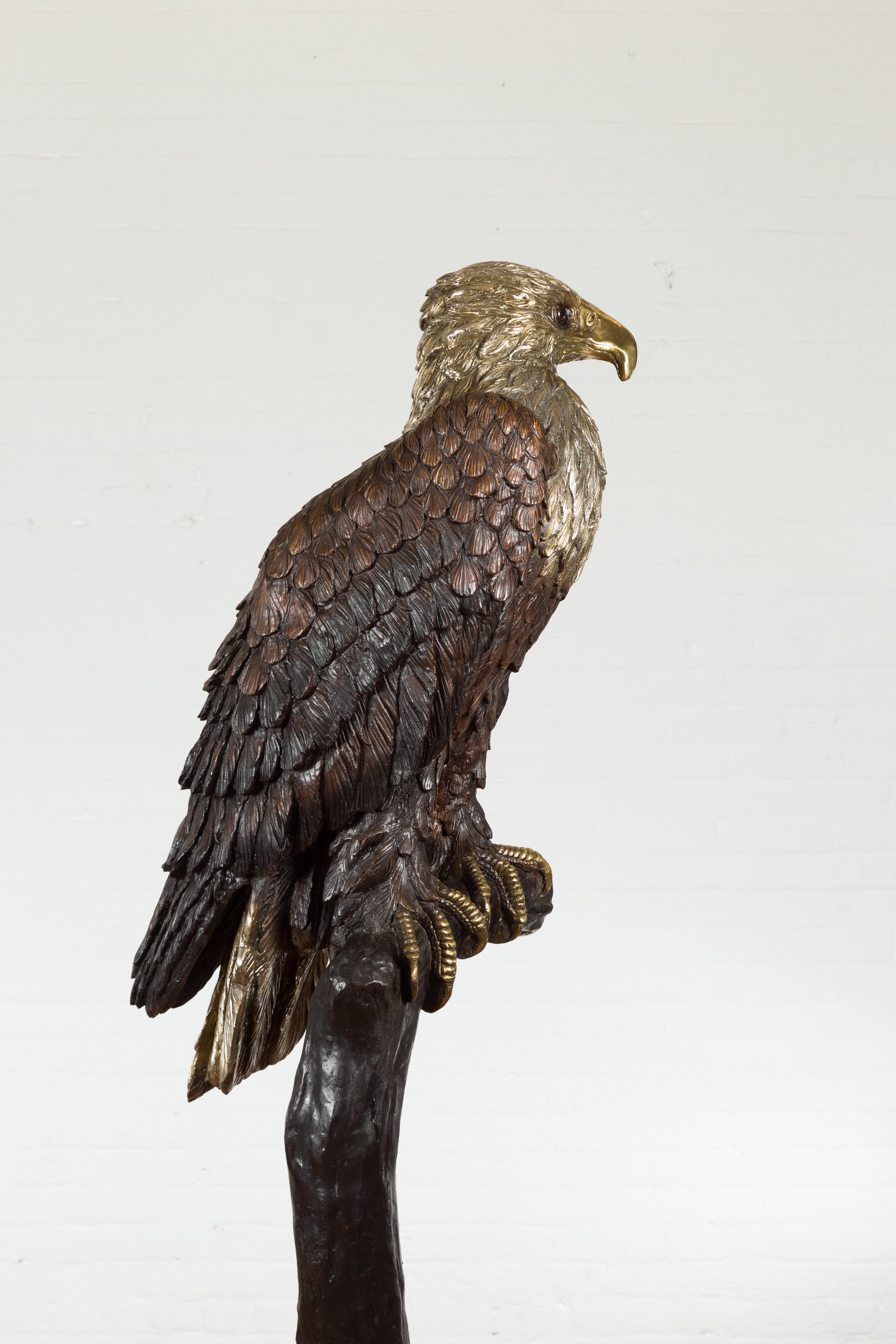 Bronze Statue of an Eagle Perched on a Branch with Gold and Silver Highlights For Sale 9