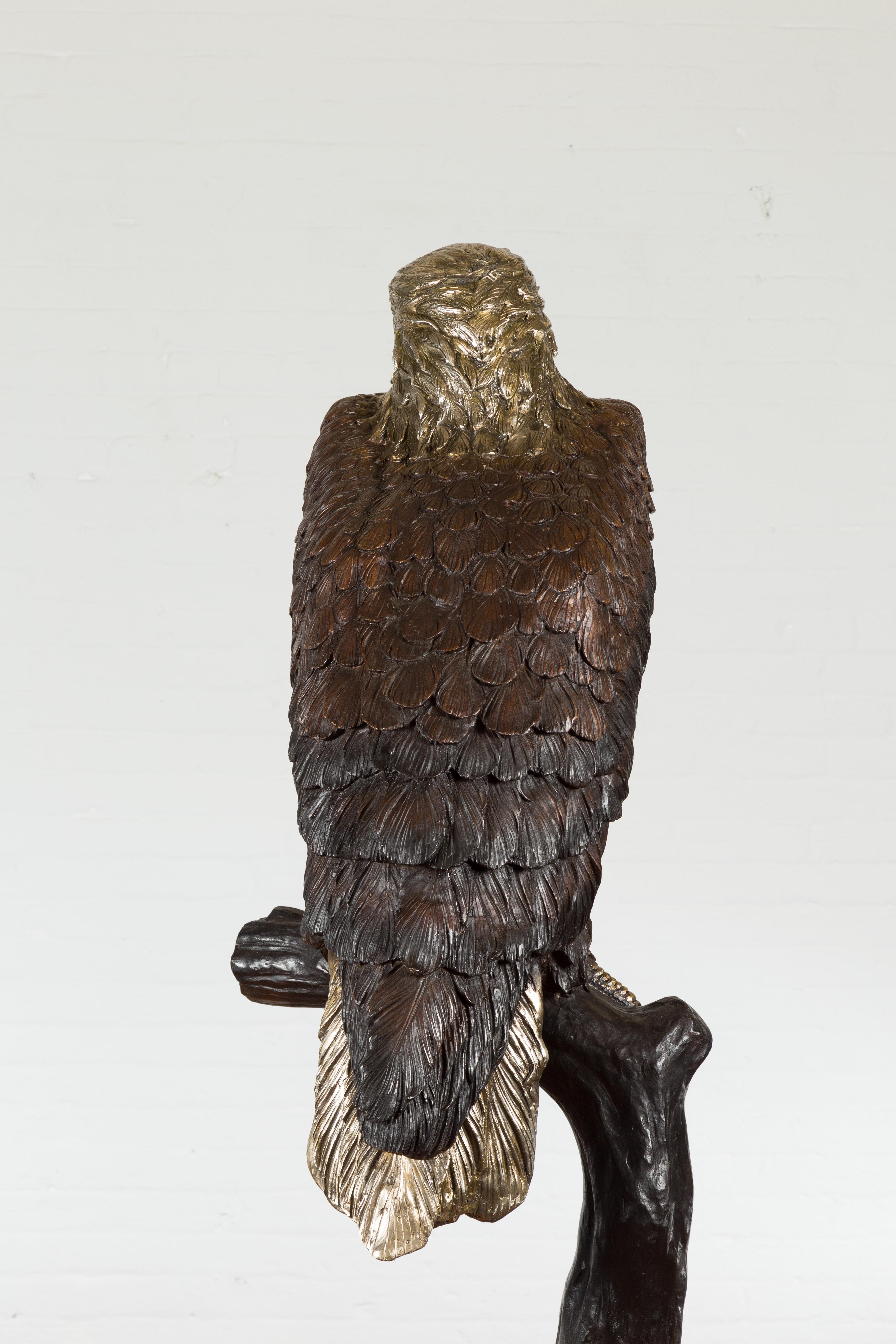 Bronze Statue of an Eagle Perched on a Branch with Gold and Silver Highlights For Sale 13