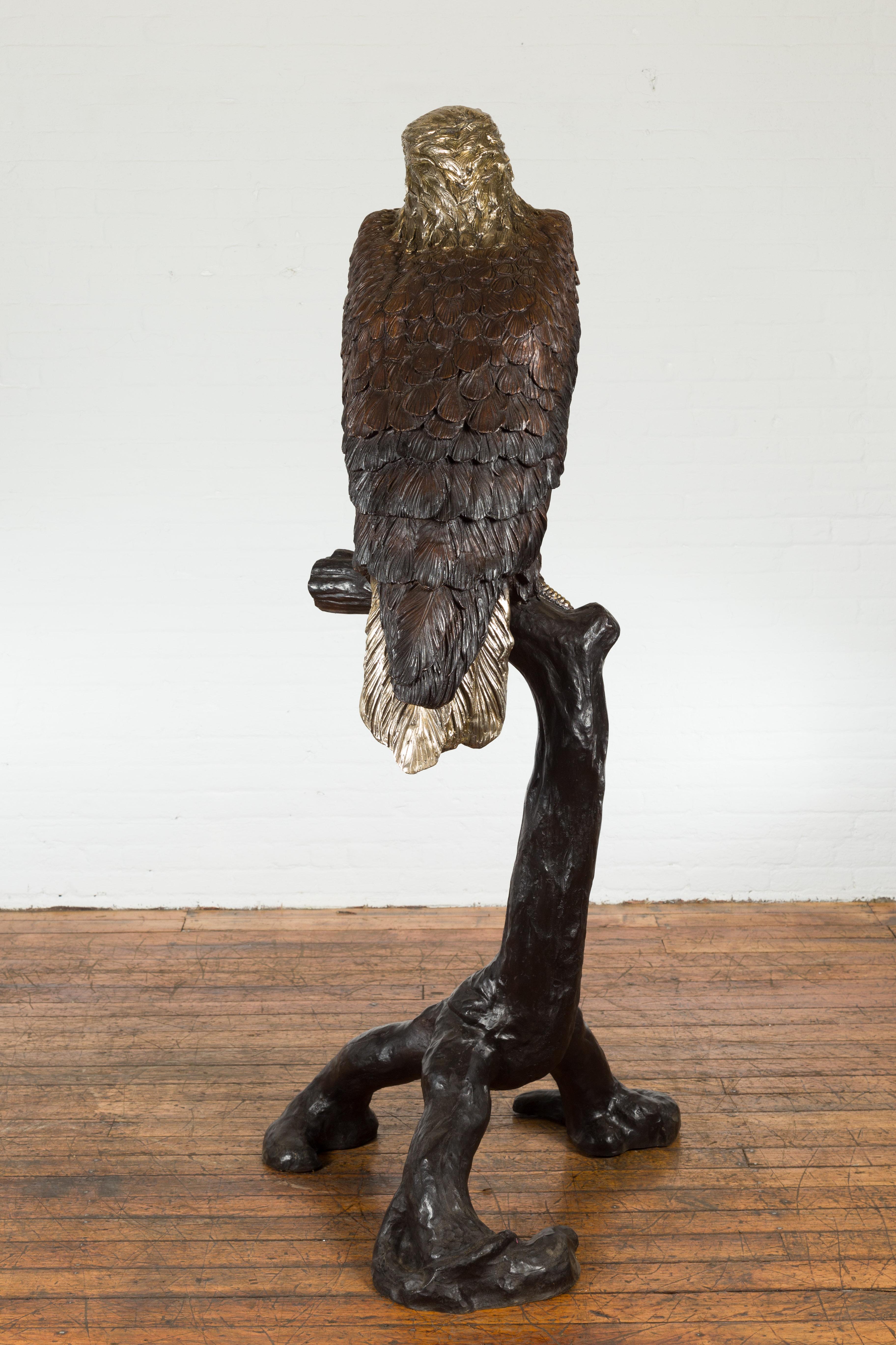 Bronze Statue of an Eagle Perched on a Branch with Gold and Silver Highlights For Sale 14