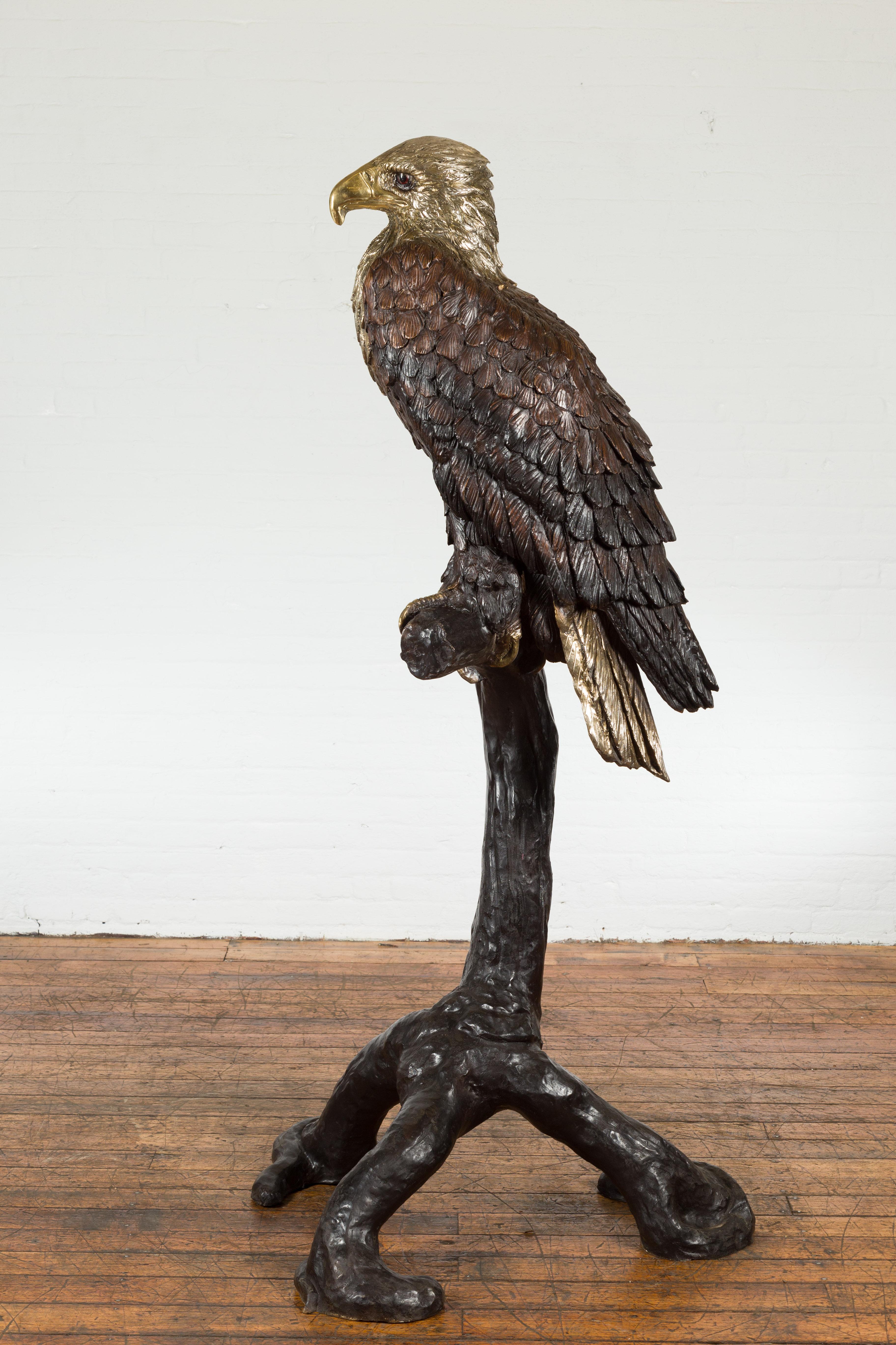 Bronze Statue of an Eagle Perched on a Branch with Gold and Silver Highlights For Sale 15