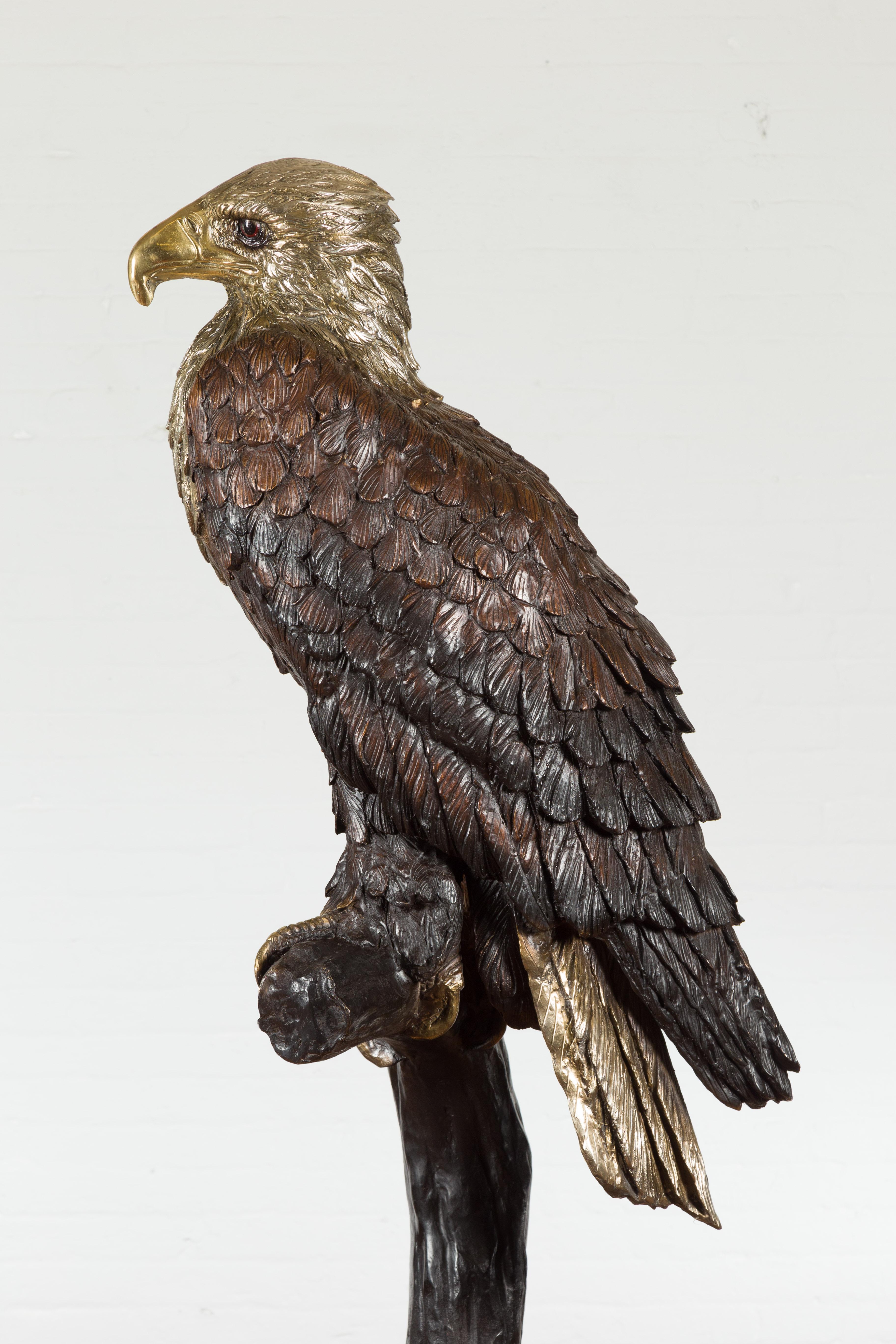 Bronze Statue of an Eagle Perched on a Branch with Gold and Silver Highlights For Sale 16