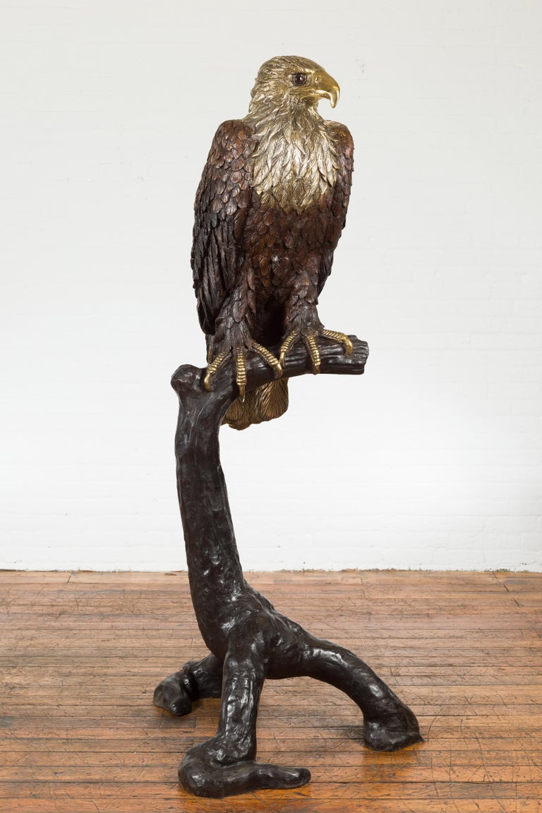 Bronze Statue of an Eagle Perched on a Branch with Gold and Silver