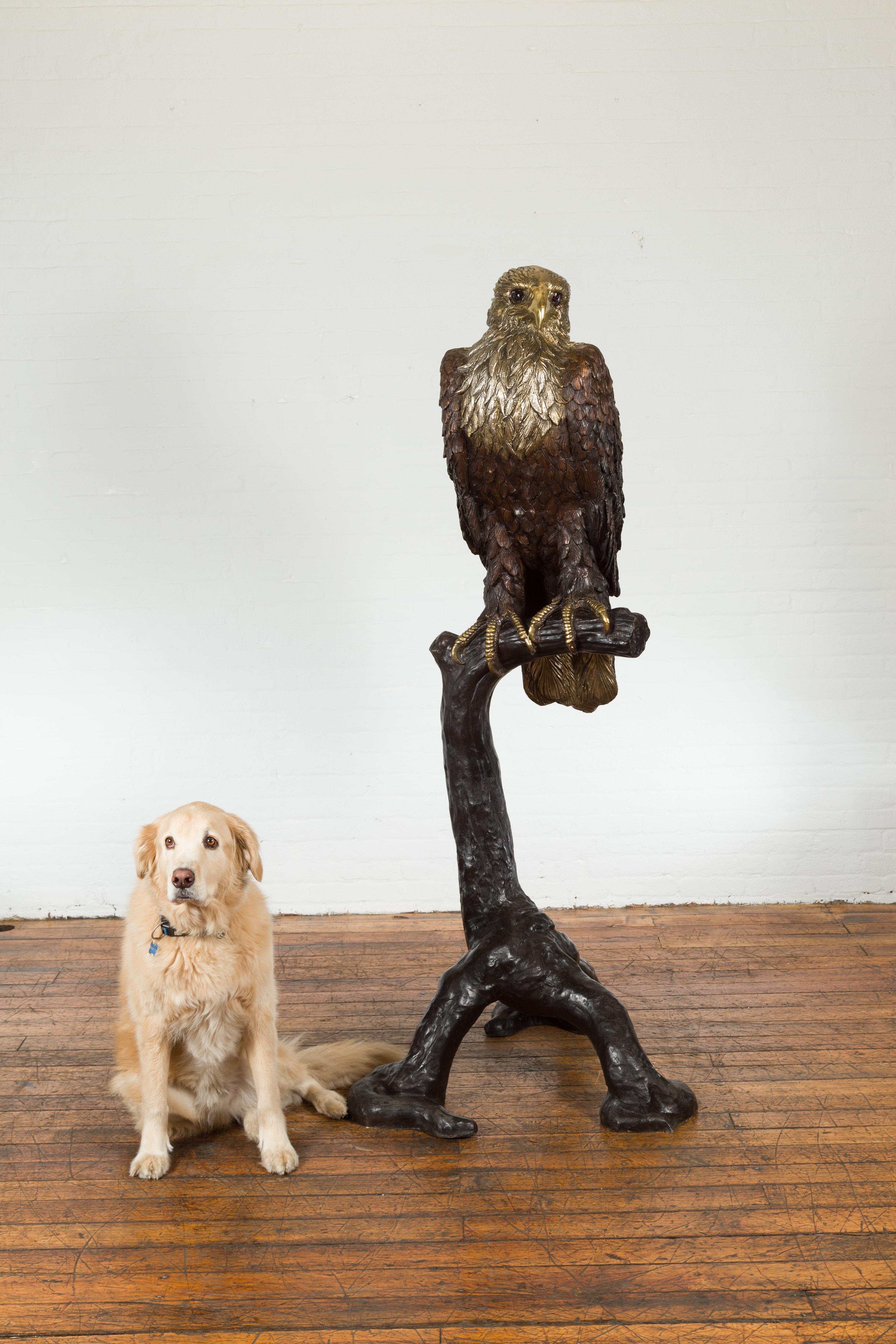 Contemporary Bronze Statue of an Eagle Perched on a Branch with Gold and Silver Highlights For Sale