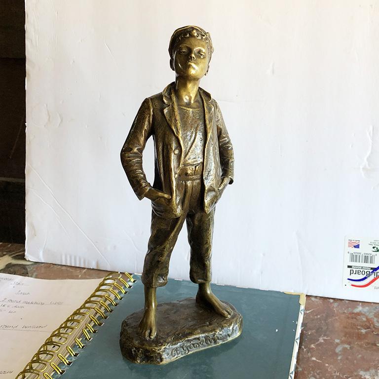 Art Nouveau Bronze Brass Figural Statue of boy by Karl Hackstock 19th Century Vienna 1800s