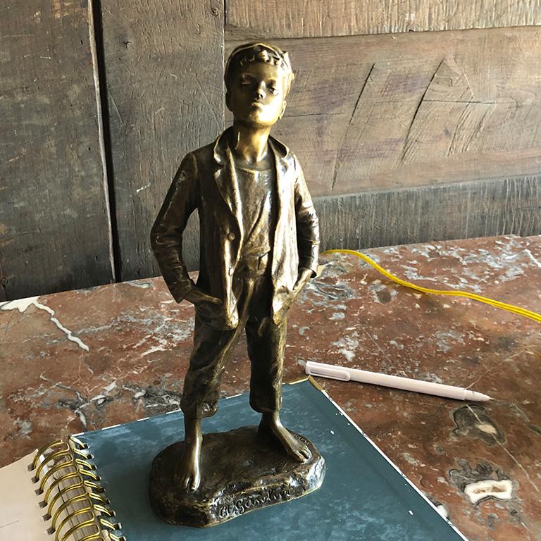 Bronze Brass Figural Statue of boy by Karl Hackstock 19th Century Vienna 1800s In Good Condition In Oklahoma City, OK