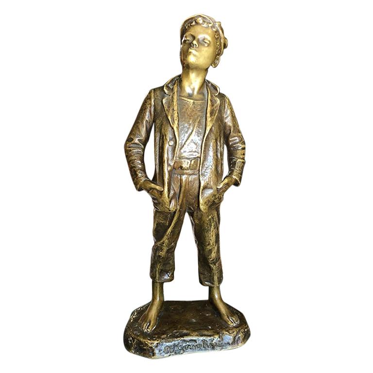 Bronze Brass Figural Statue of boy by Karl Hackstock 19th Century Vienna 1800s