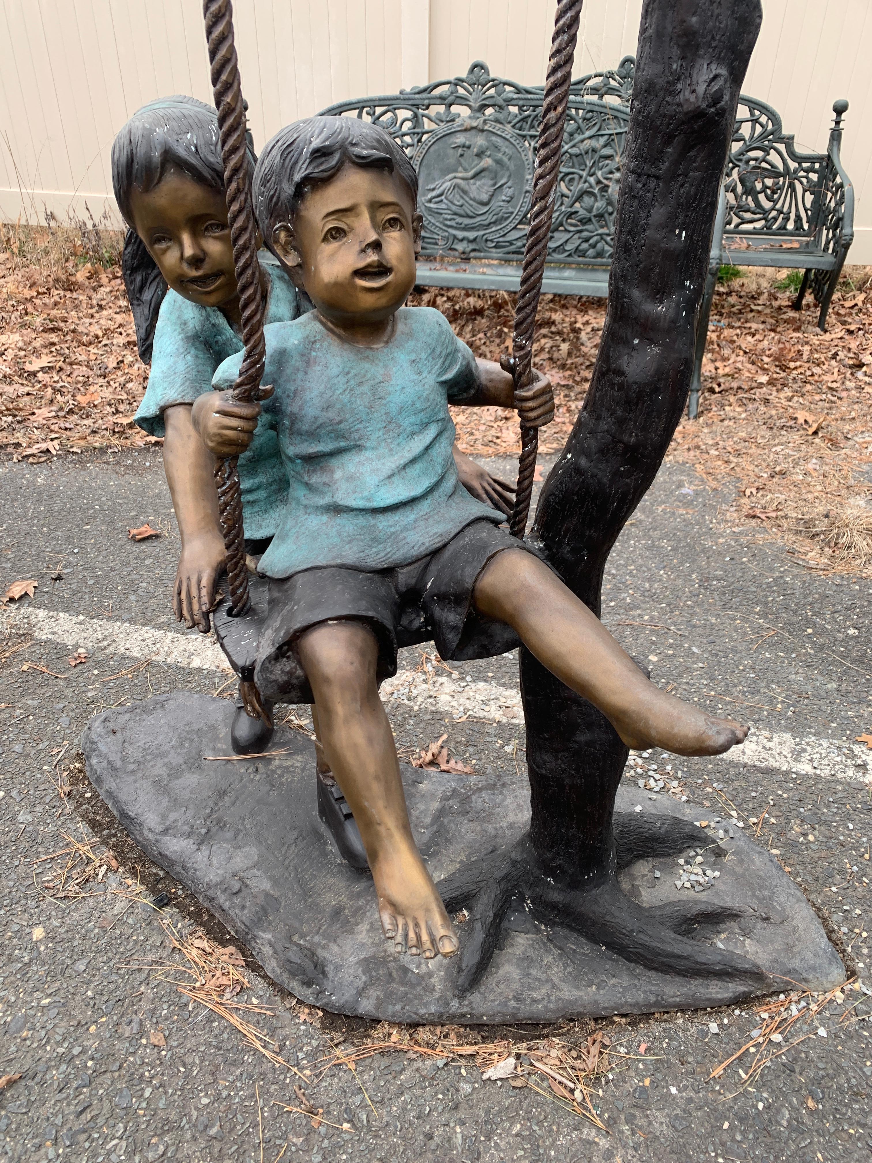 Mid-Century Modern Bronze Statue of Children on Swing