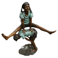 Vintage Bronze Statue Of Children Playing Leapfrog