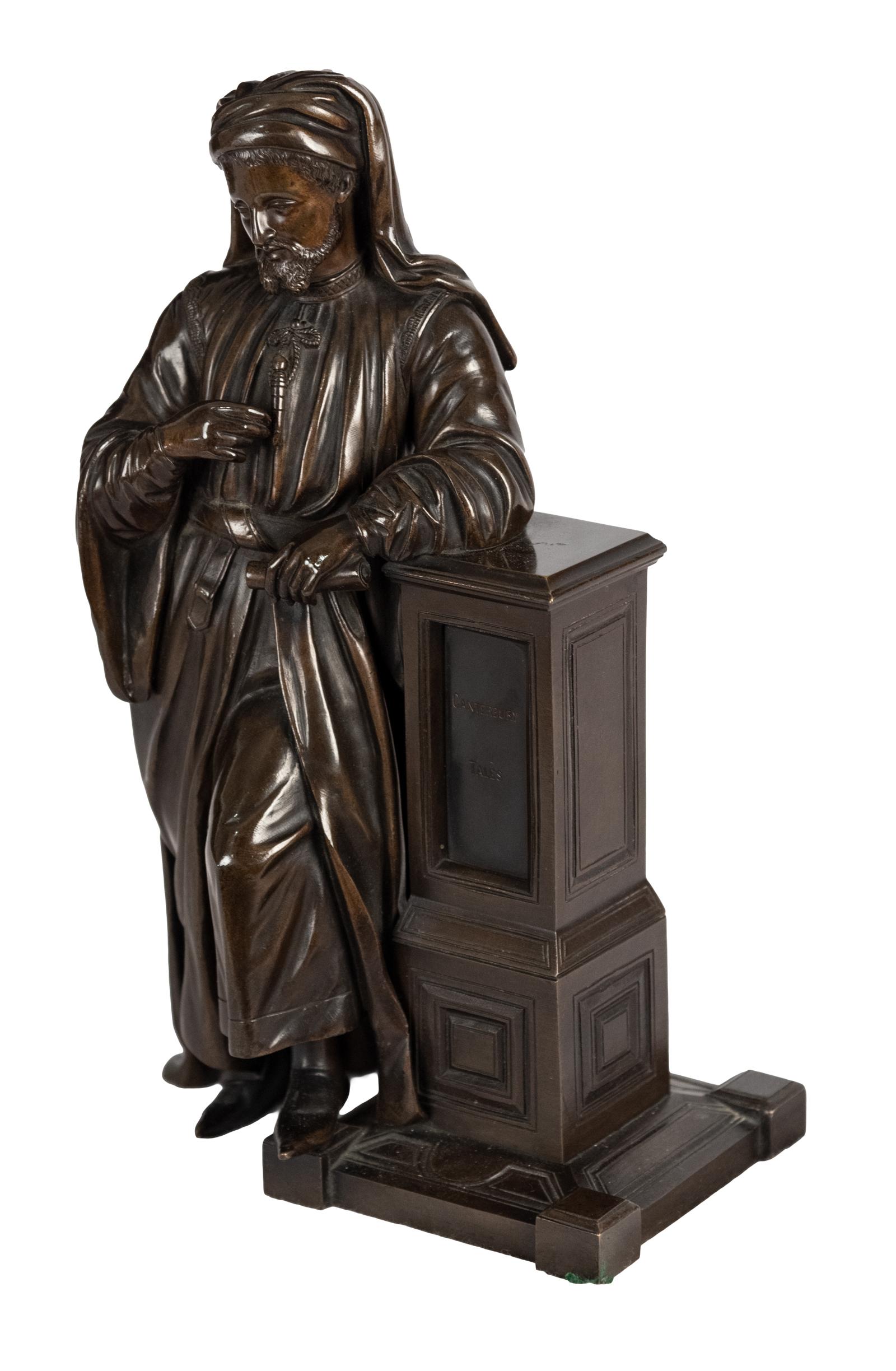Here Chaucer, the famous English poet, is portrayed in his traditional robes and head covering, holding a copy of his seminal work Canterbury Tales while resting against a column also inscribed with the title of the book. American, late 19th