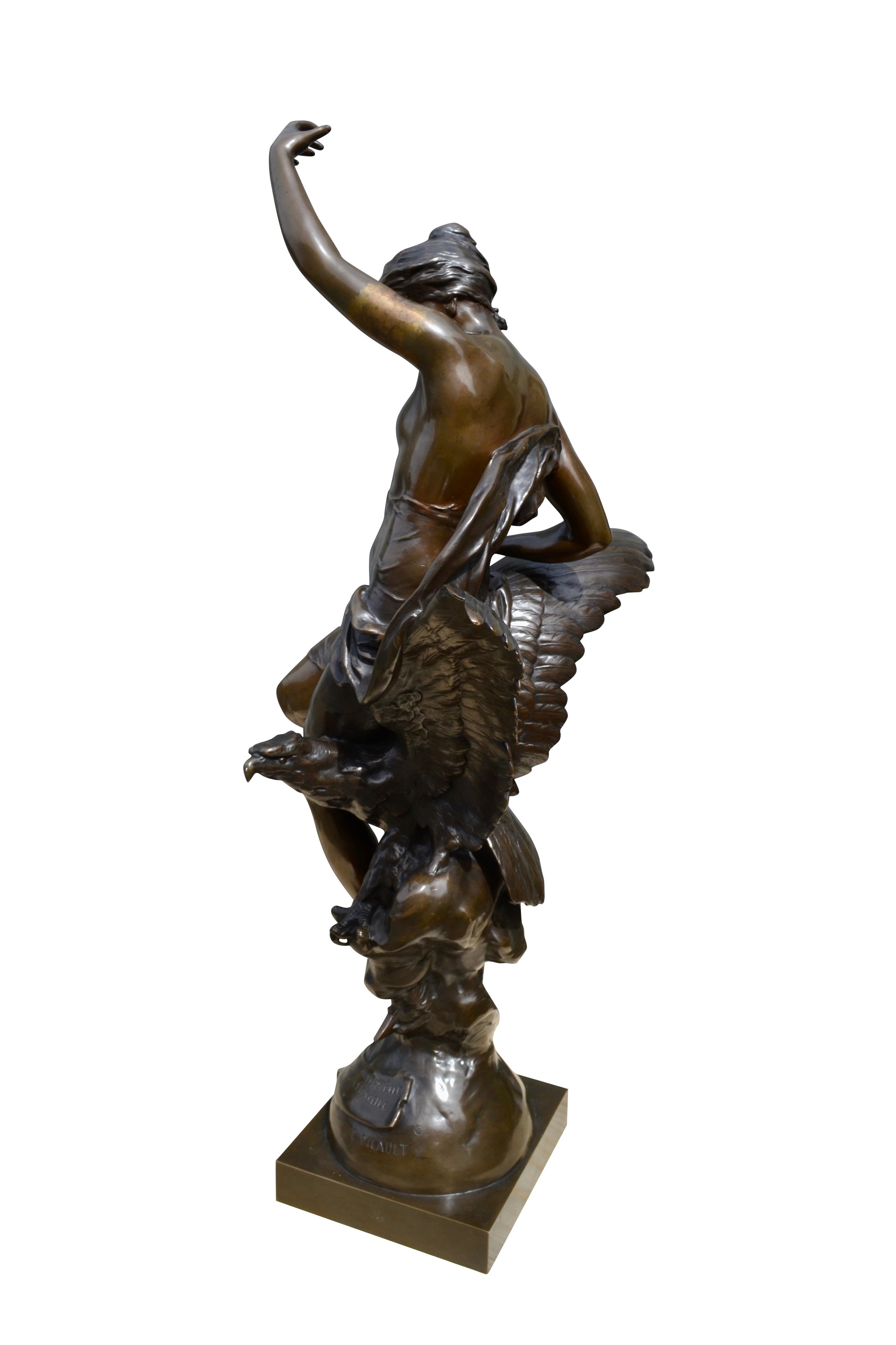 A mythological theme statue in dark brown patinated bronze by the late 19 century French Sculptor Emile Louis Picault depicting a classically draped Hebe, the Greek Goddess of Youth sitting on the back and between the wings of an eagle riding a