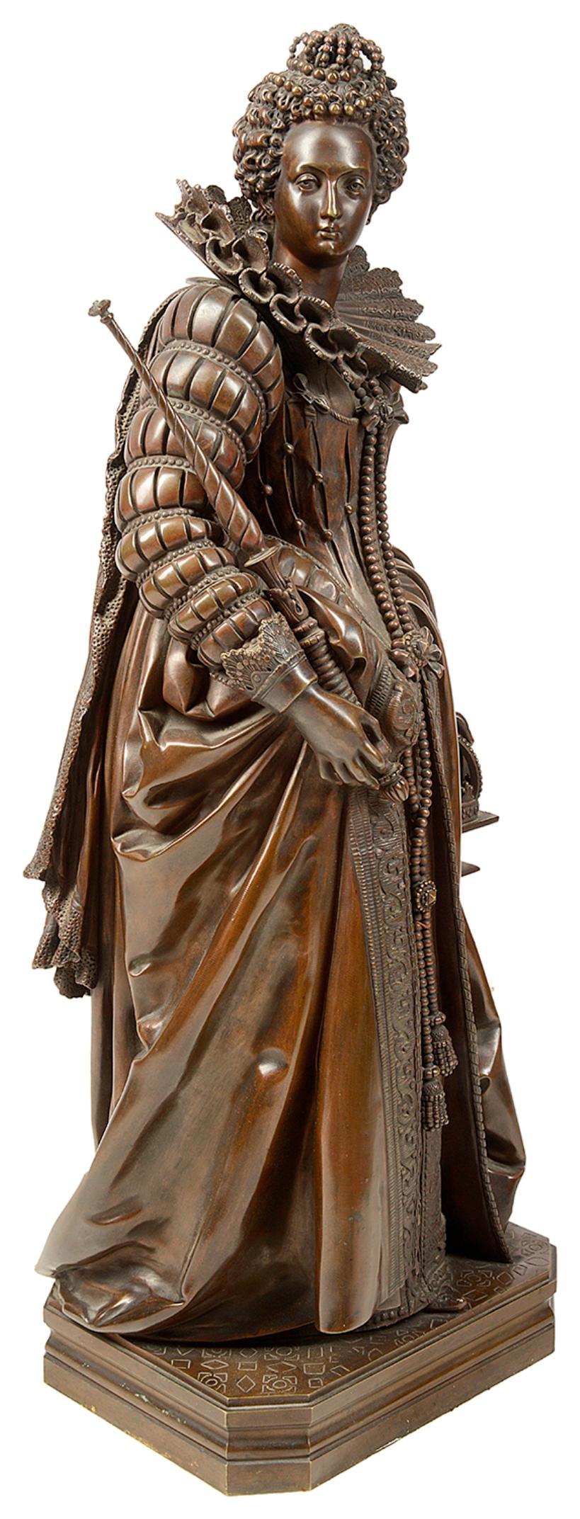 A fine quality 19th century bronze study of Queen Elizabeth 1, signed; Moreau Mathurin, 1822-1912.