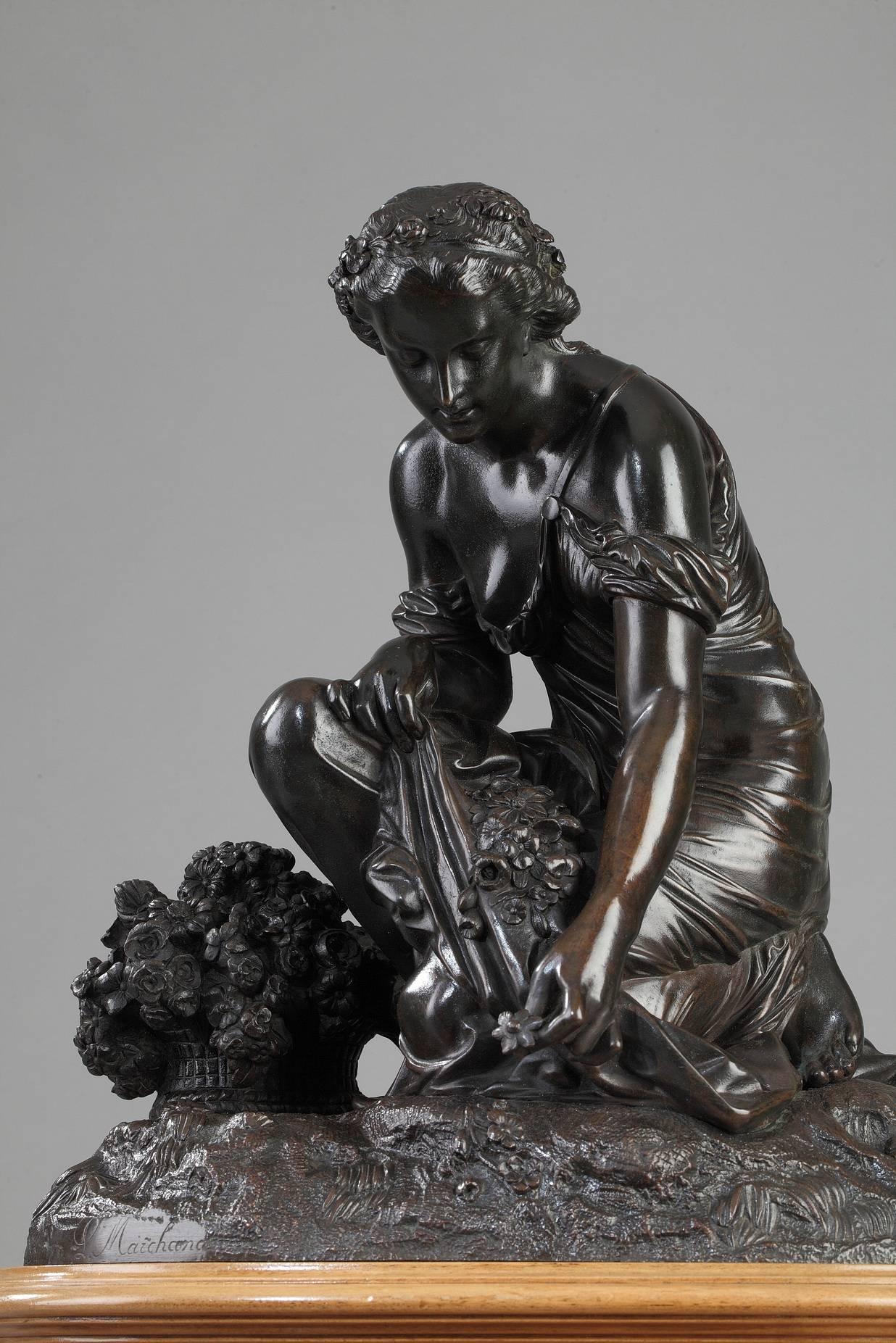 Neoclassical Bronze Statue of Woman Picking Flowers by Pierre Alexandre Schoenewerk