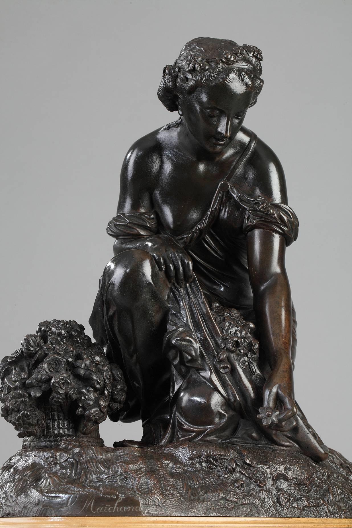 French Bronze Statue of Woman Picking Flowers by Pierre Alexandre Schoenewerk