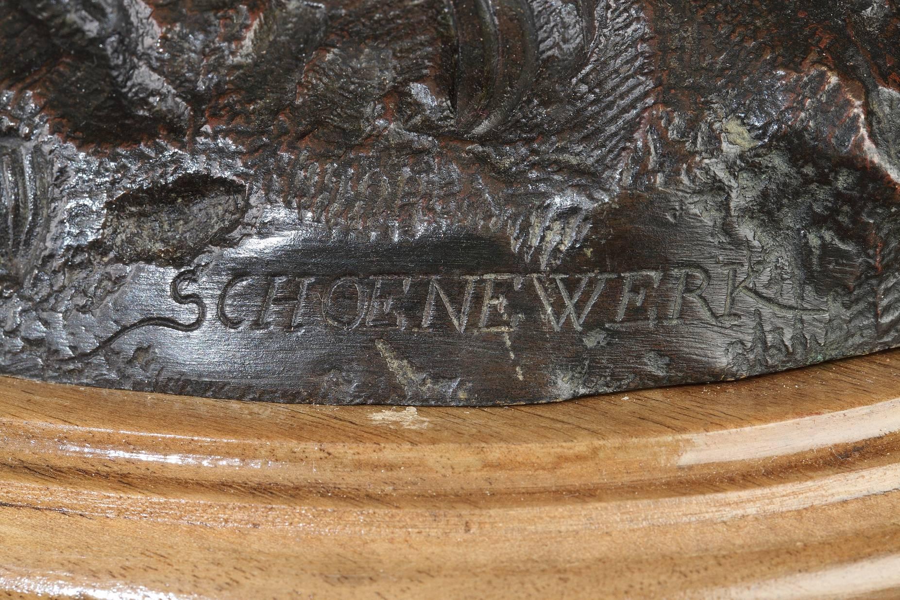 Patinated Bronze Statue of Woman Picking Flowers by Pierre Alexandre Schoenewerk