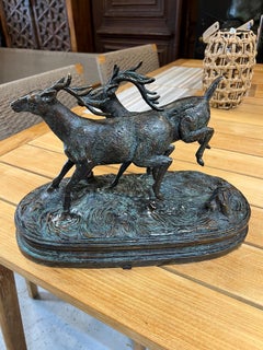 Bronze Statue Pair of Deer, Stags Running