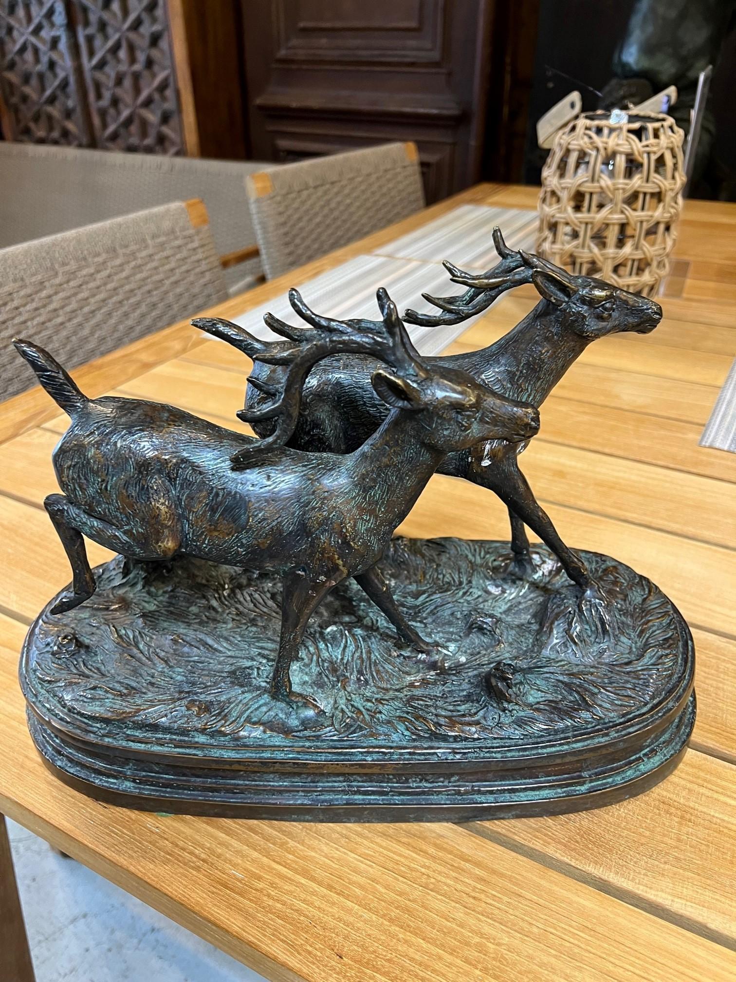 20th Century Bronze Statue Pair of Deer, Stags Running  For Sale