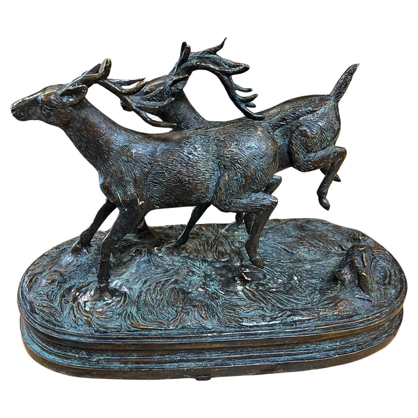 Bronze Statue Pair of Deer, Stags Running  For Sale